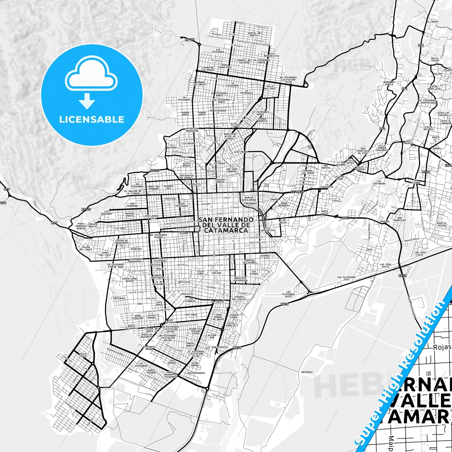 San Fernando del Valle de Catamarca, Argentina Light Map with Street Names, City Names, and Districts