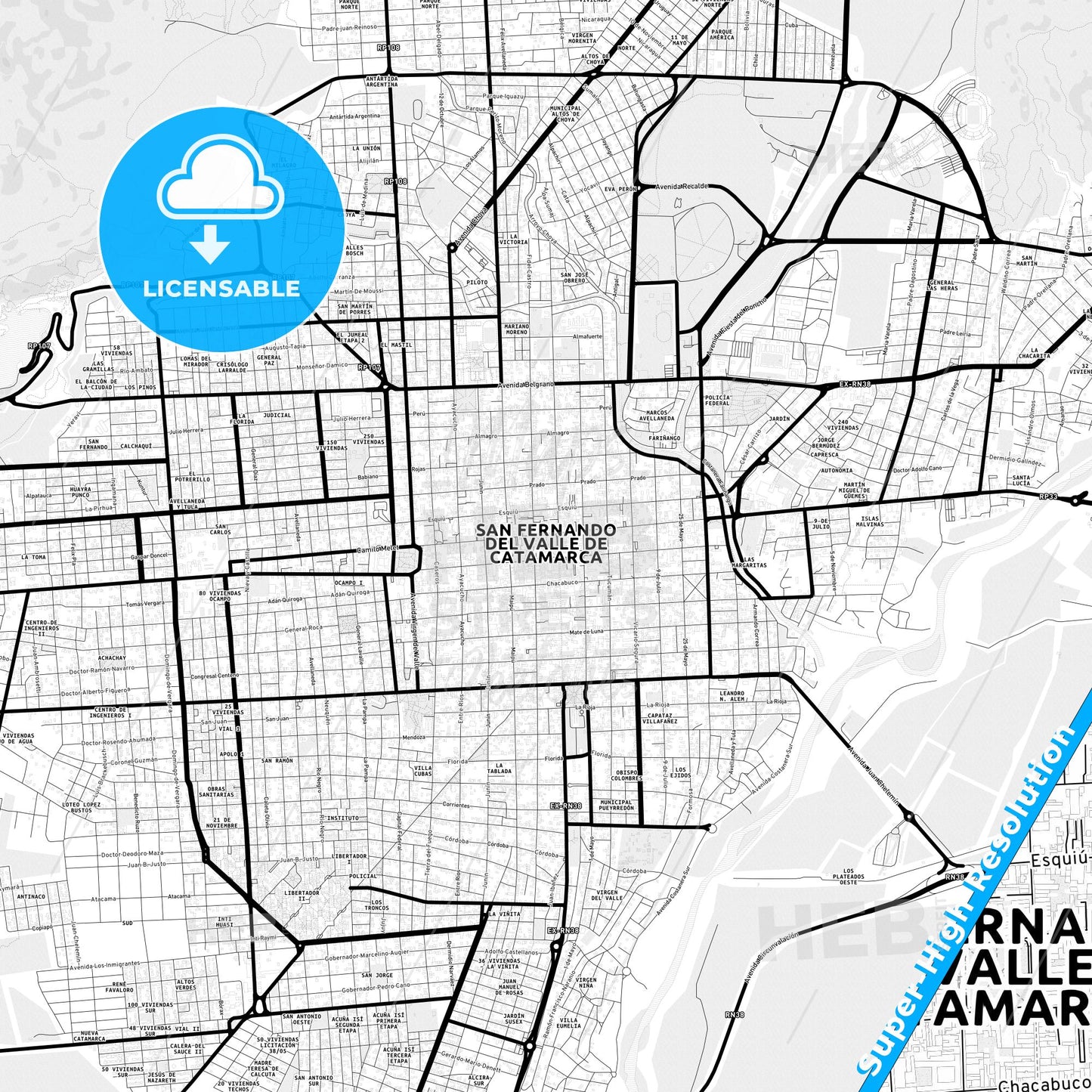 San Fernando del Valle de Catamarca, Argentina Light Map with Street Names, City Names, and Districts