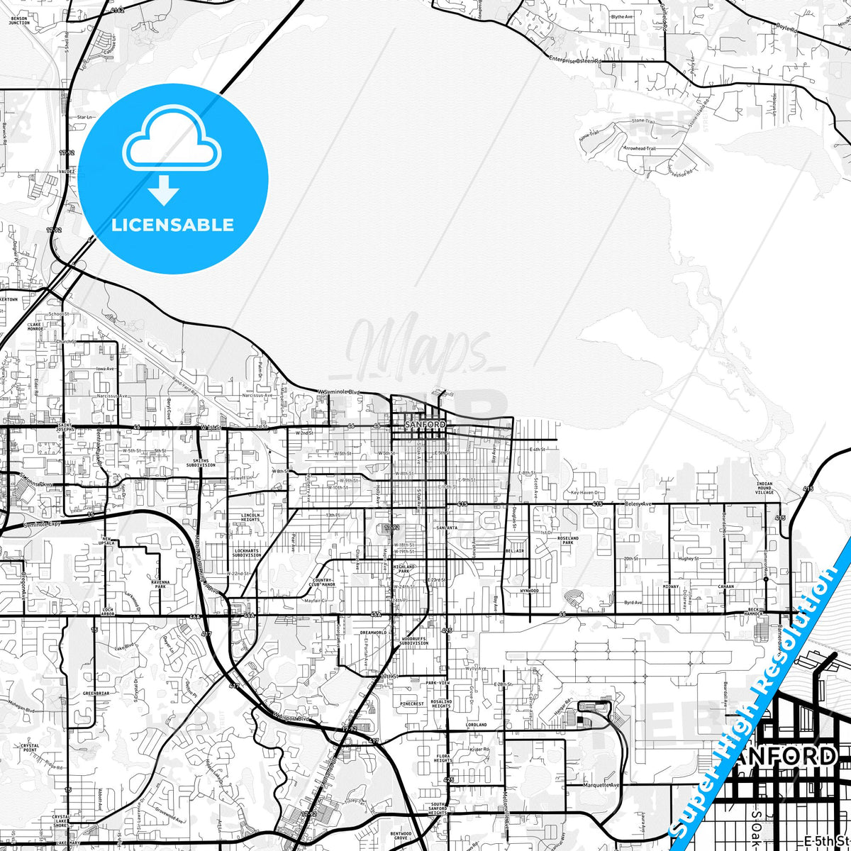 Sanford, Florida Light Map with Street Names, City Names, and Districts