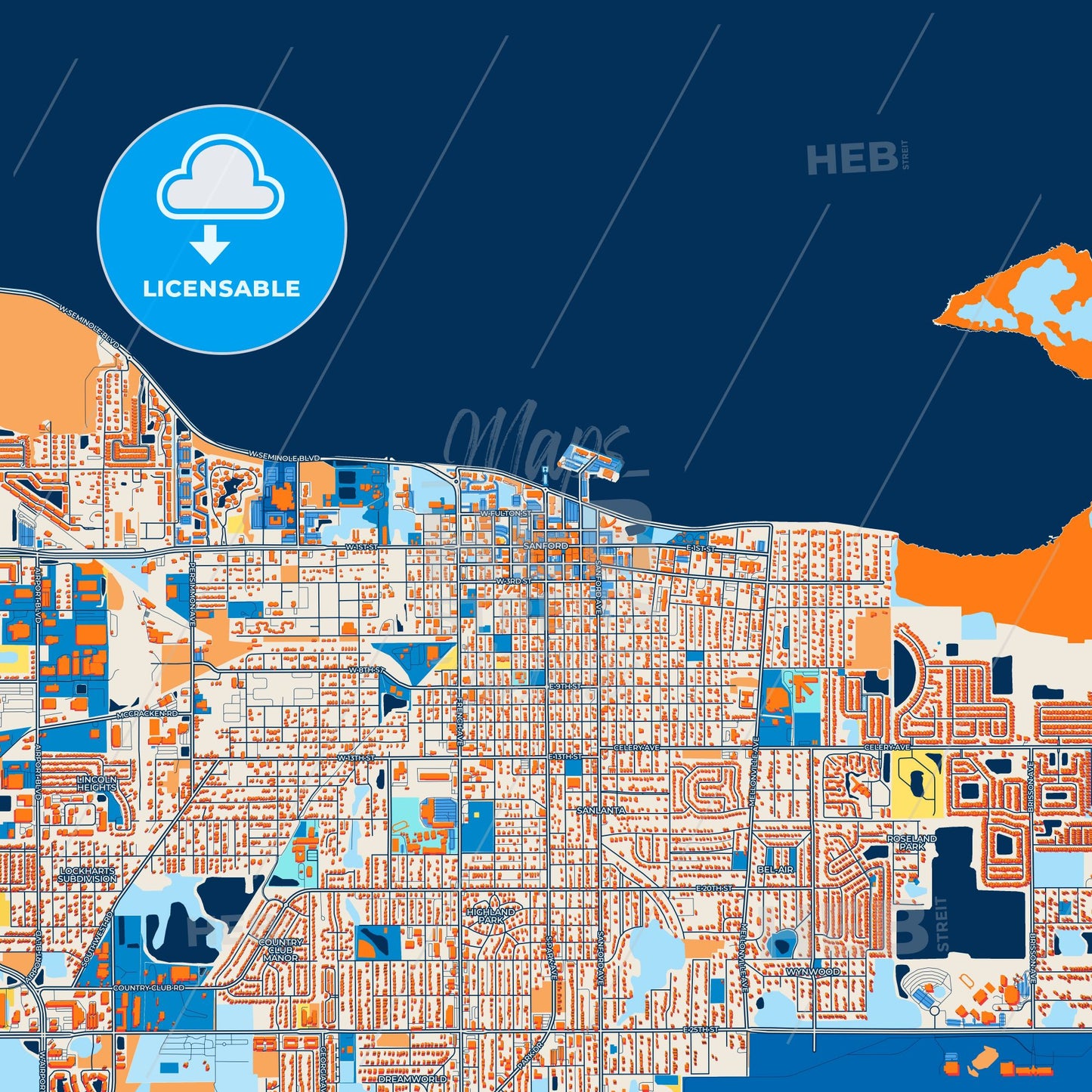 Colorful Sanford Street Map with Labels and Buildings