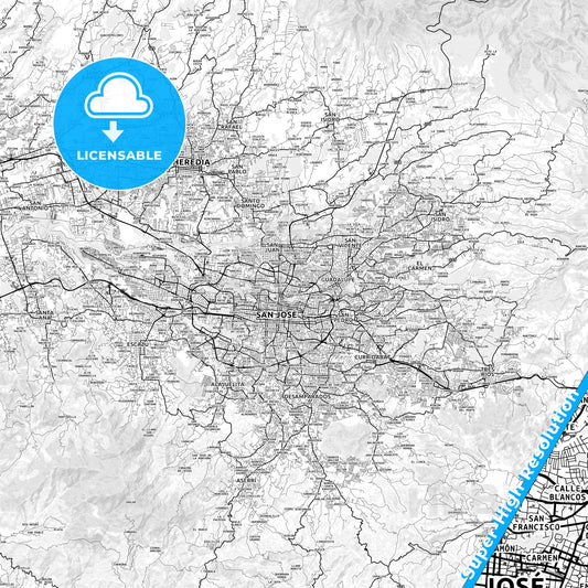 San Francisco, Costa Rica light map with streetnames, citynames and districts