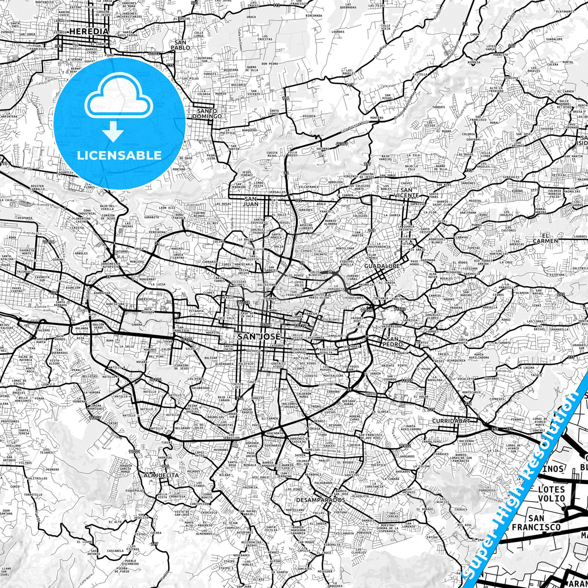 San Francisco, Costa Rica Light Map with Street Names, City Names, and Districts