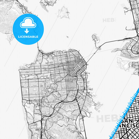 San Francisco, California light map with streetnames, citynames and districts