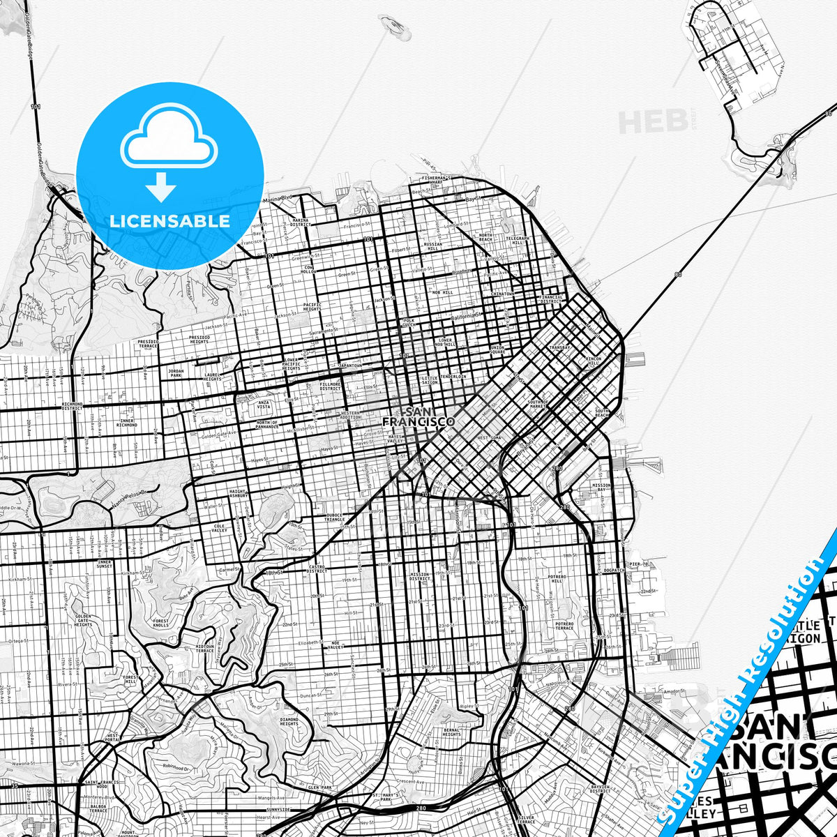 San Francisco, California Light Map with Street Names, City Names, and Districts