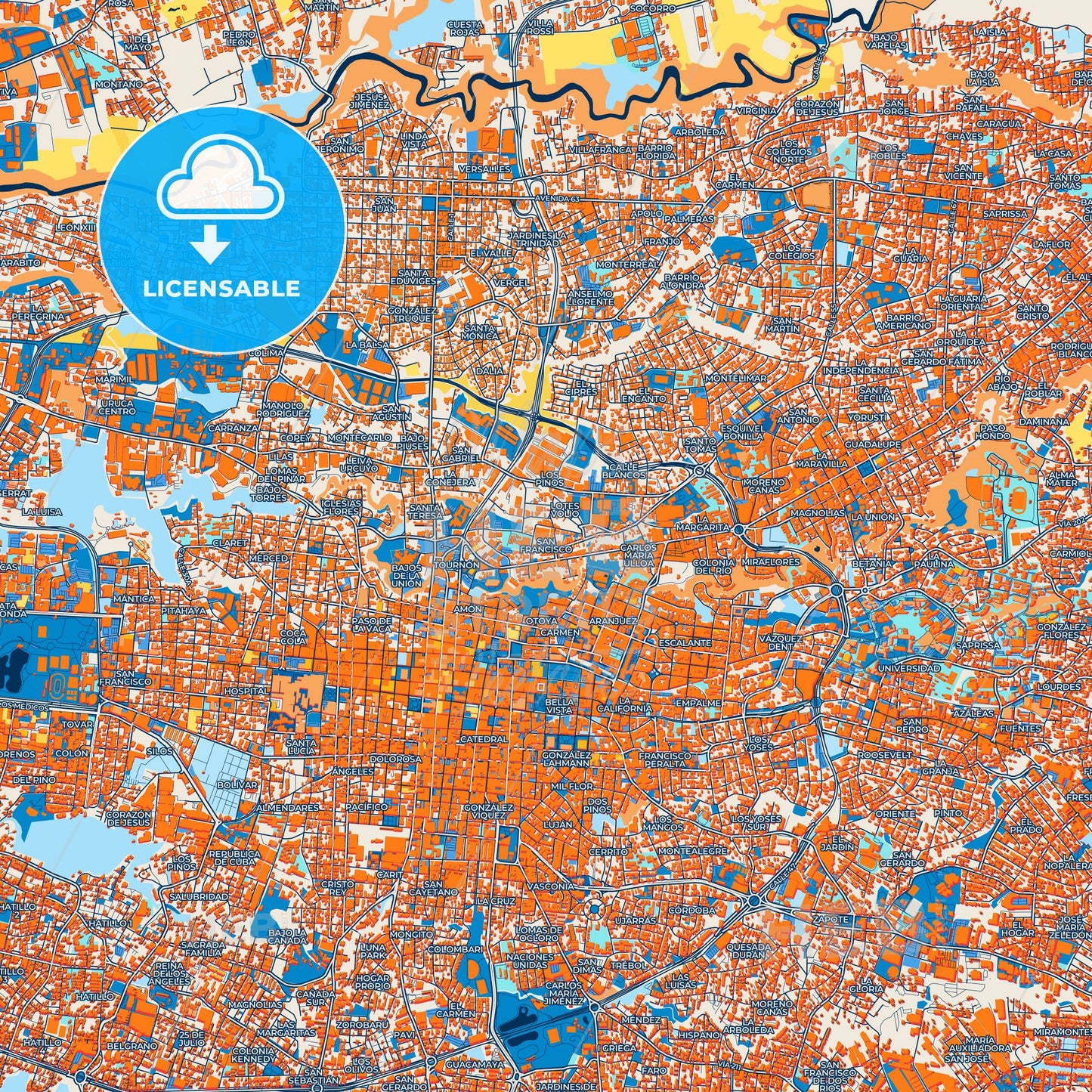 Colorful San Francisco Street Map with Labels and Buildings