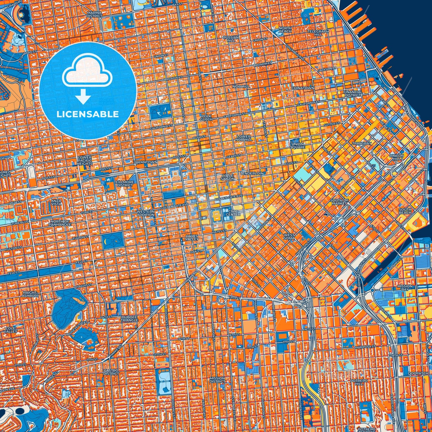 Colorful San Francisco Street Map with Labels and Buildings