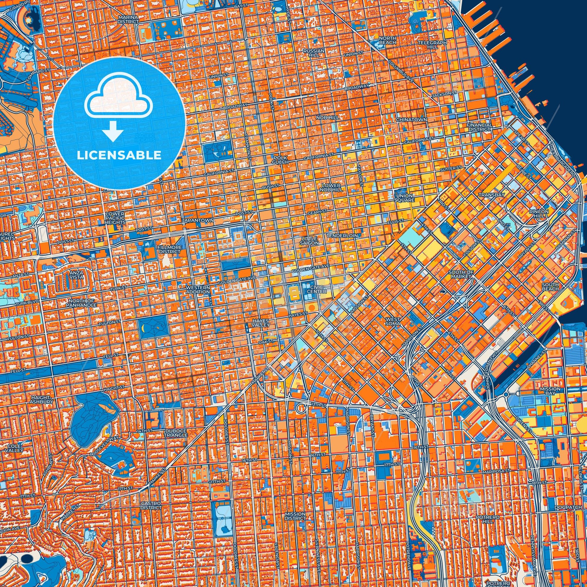Colorful San Francisco Street Map with Labels and Buildings