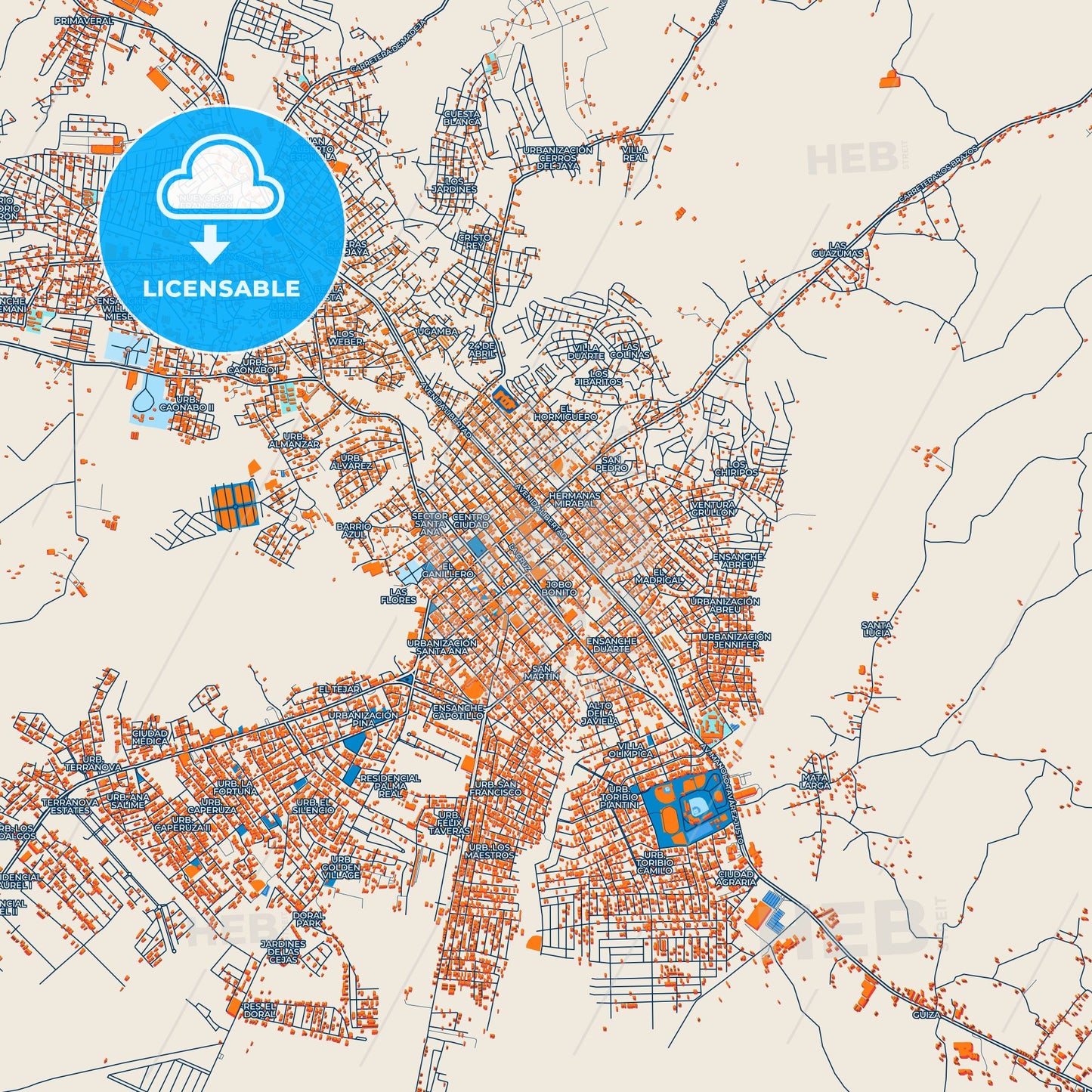 Colorful San Francisco de Macorís Street Map with Labels and Buildings