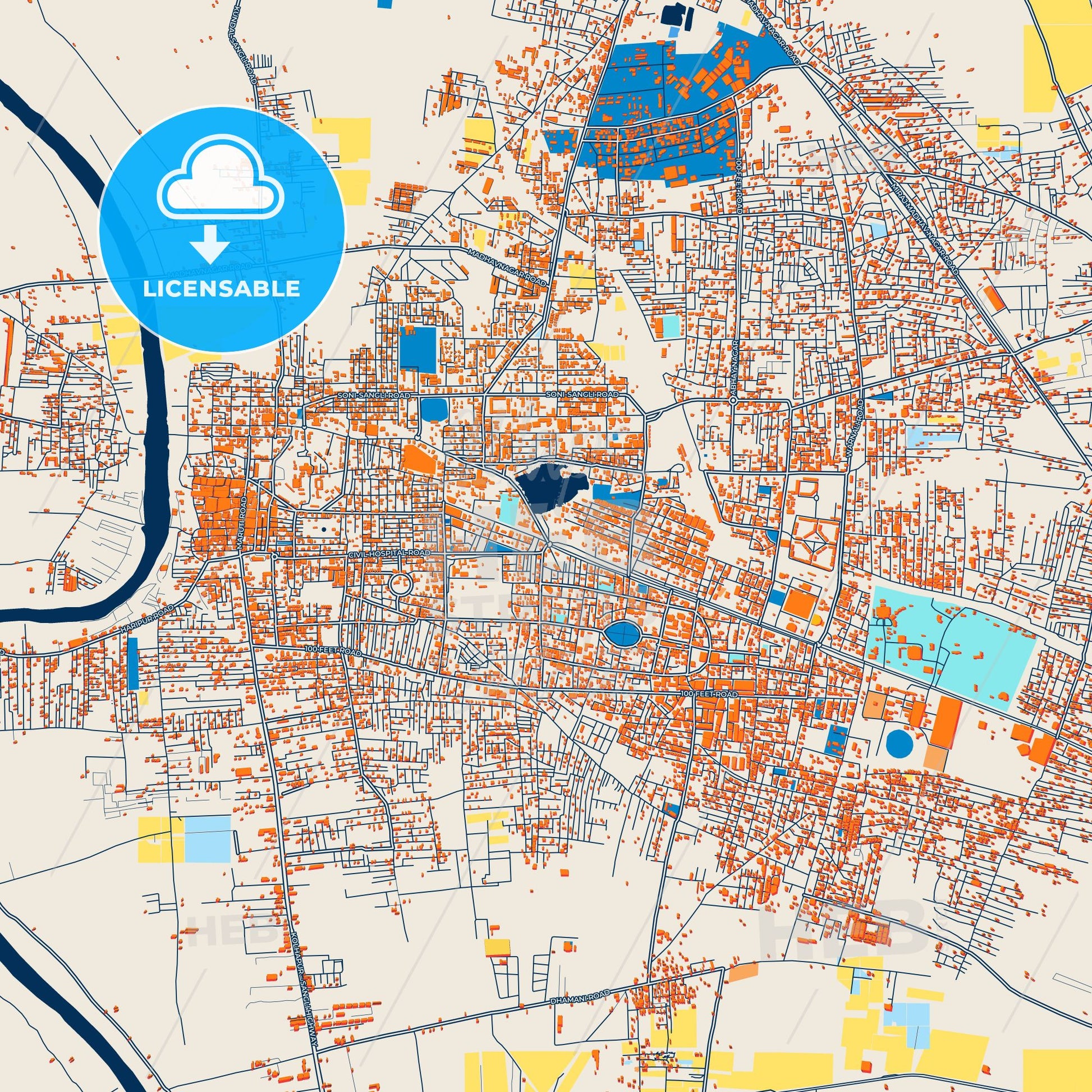 Colorful Sangli-Miraj Kupwad Street Map with Labels and Buildings