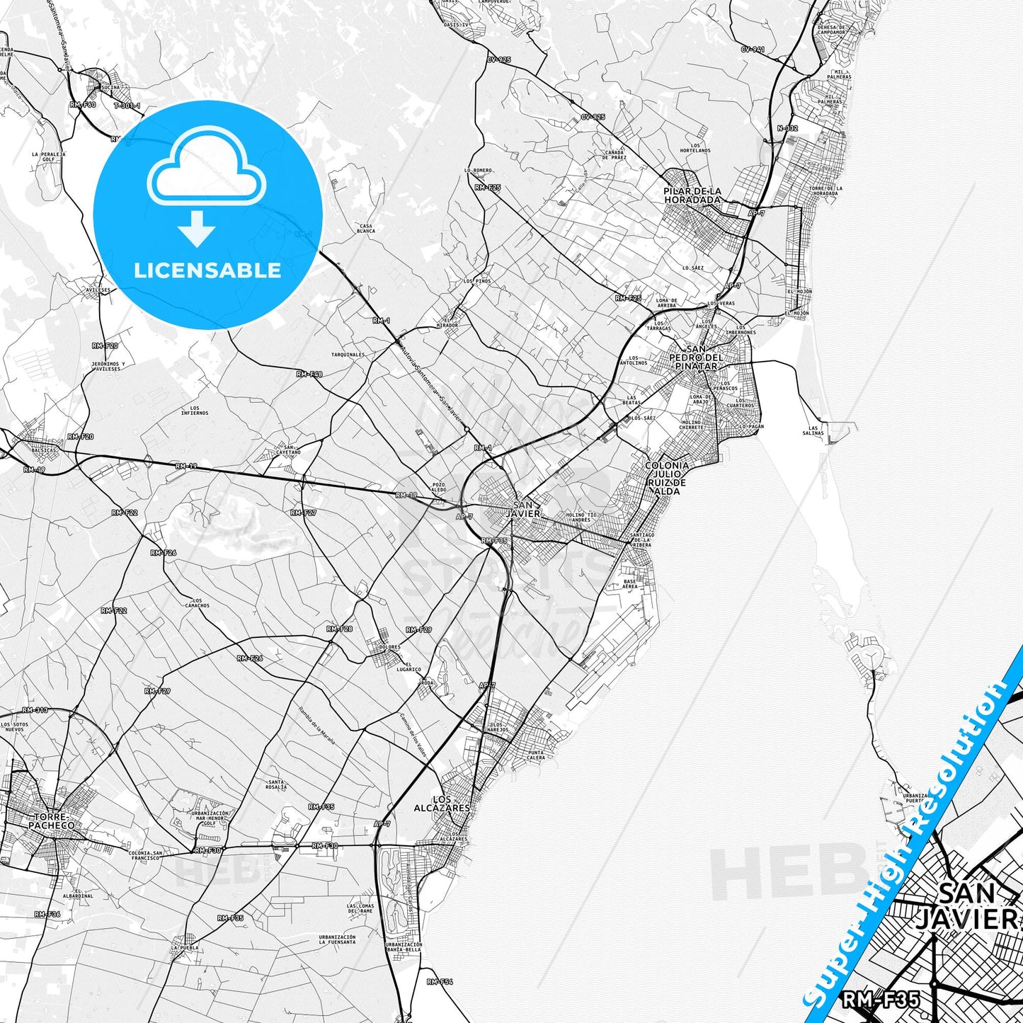 San Javier, Spain light map with streetnames, citynames and districts