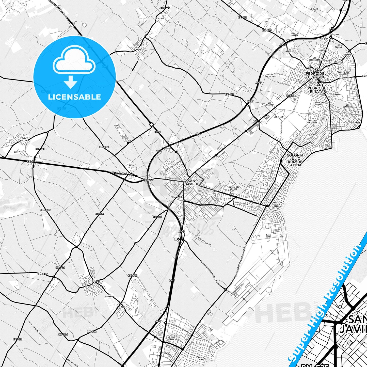 San Javier, Spain Light Map with Street Names, City Names, and Districts