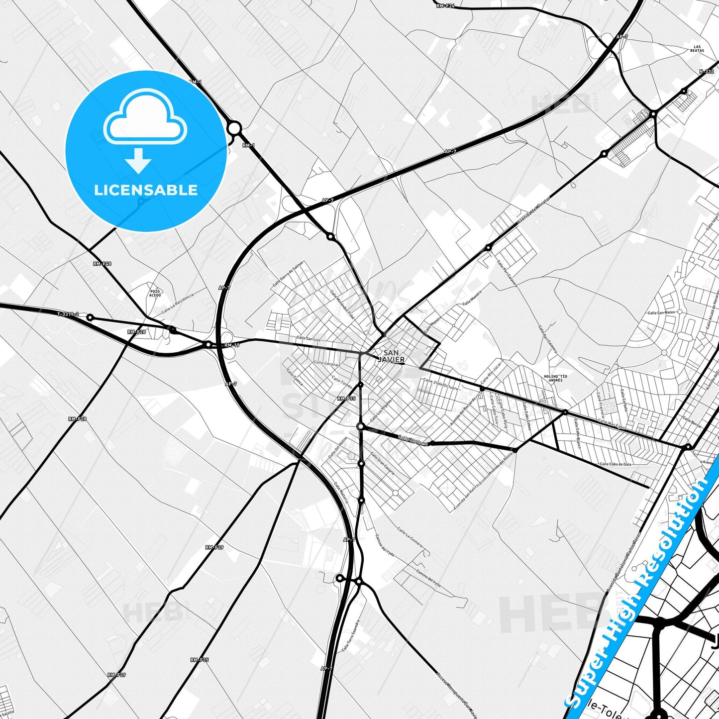 San Javier, Spain Light Map with Street Names, City Names, and Districts
