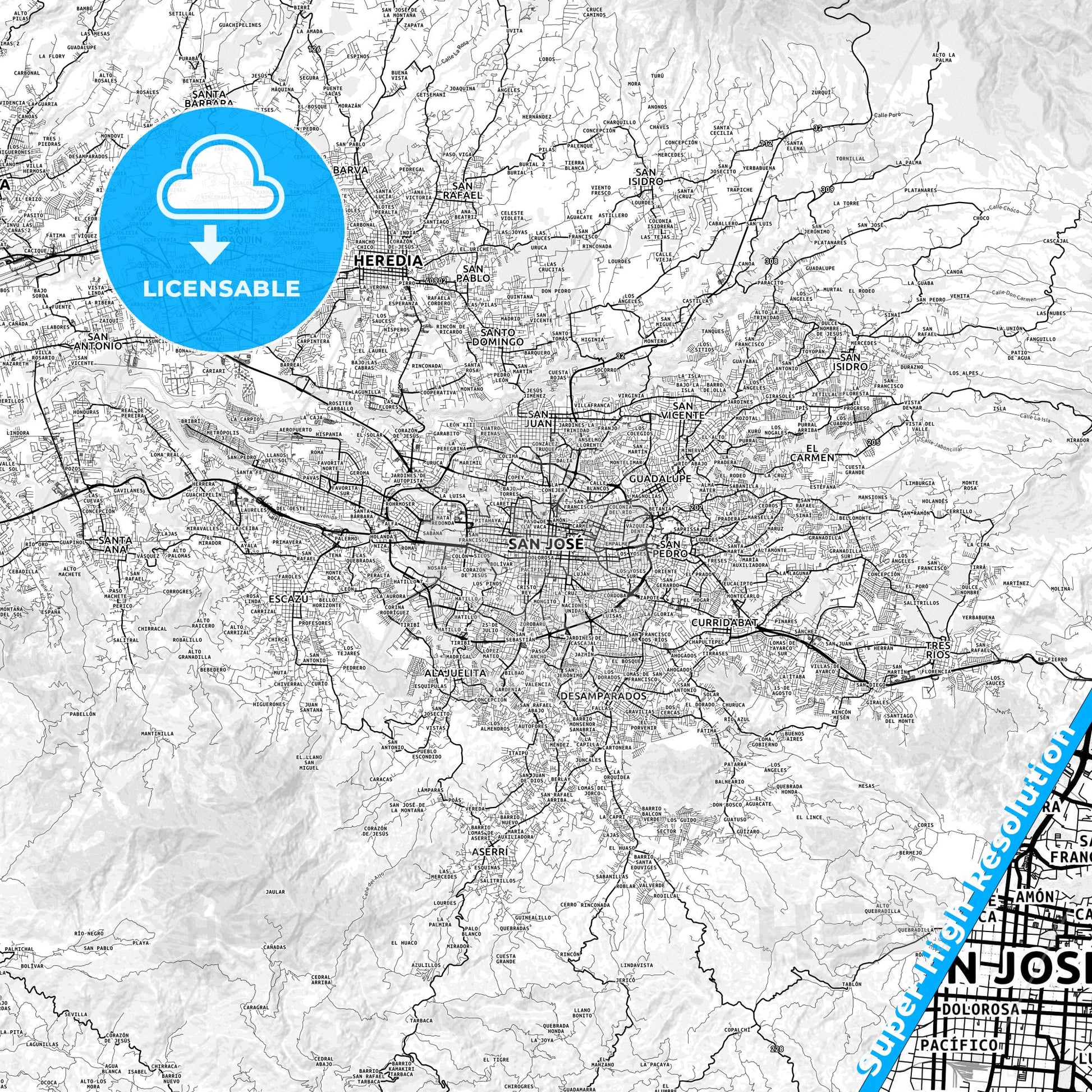 San José, Costa Rica light map with streetnames, citynames and districts