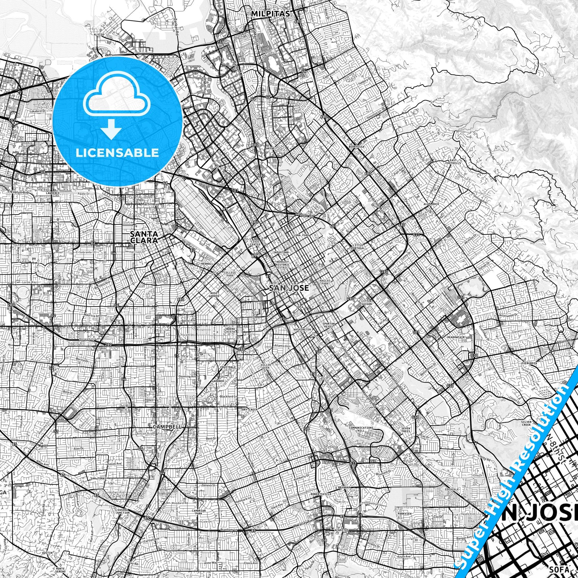San Jose, California light map with streetnames, citynames and districts
