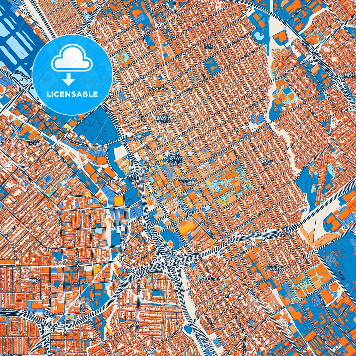 Colorful San Jose Street Map with Labels and Buildings