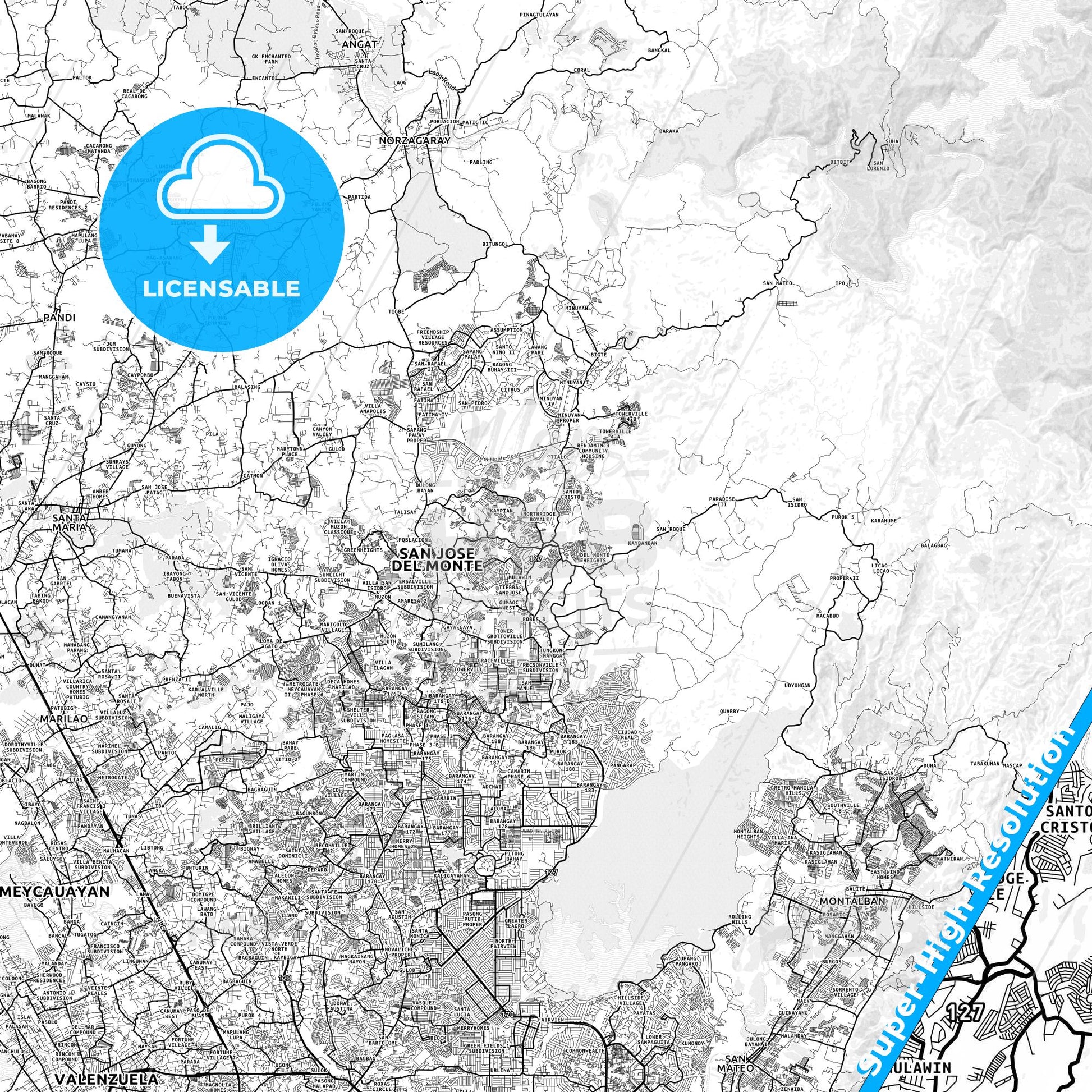 San Jose del Monte, Philippines light map with streetnames, citynames and districts