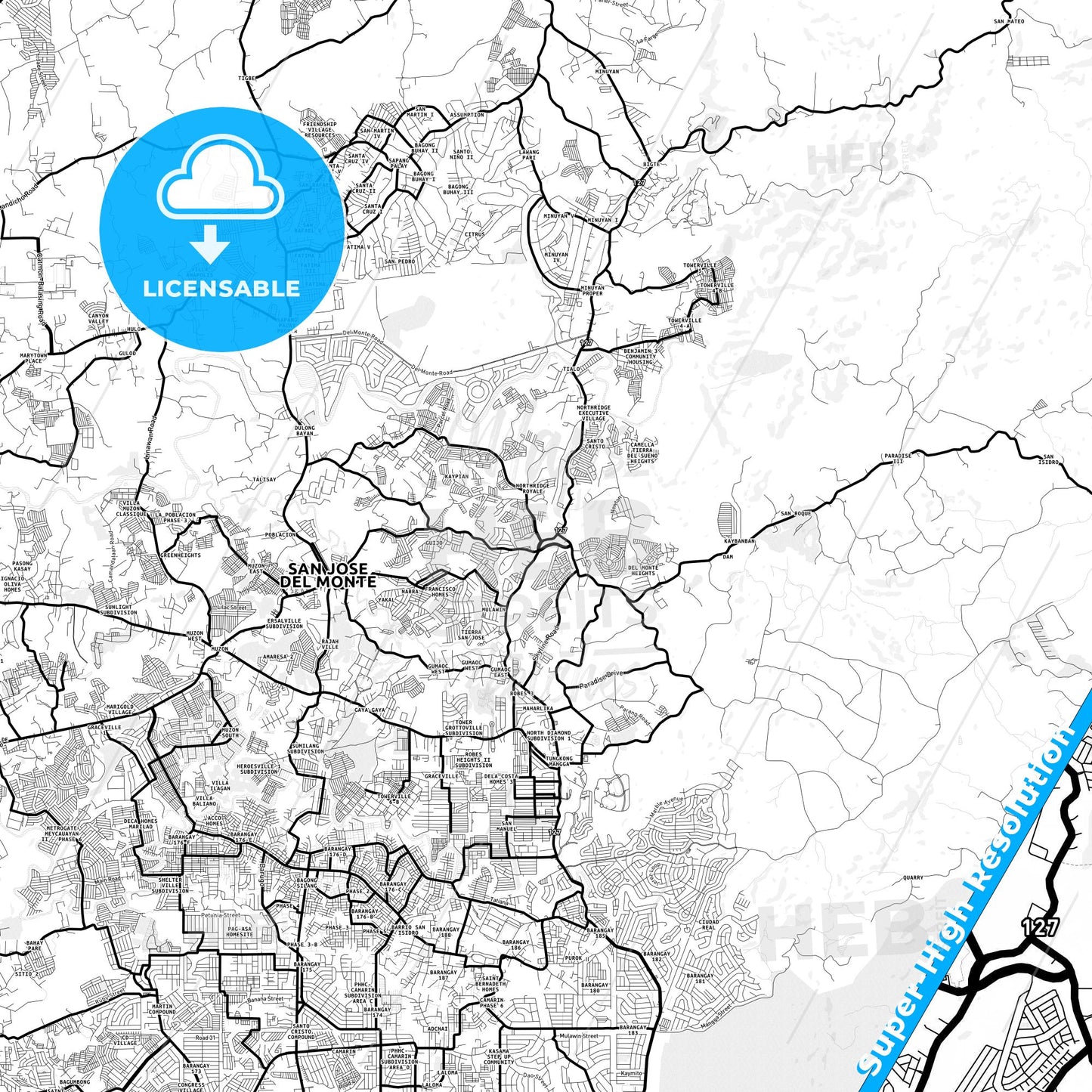 San Jose del Monte, Philippines Light Map with Street Names, City Names, and Districts