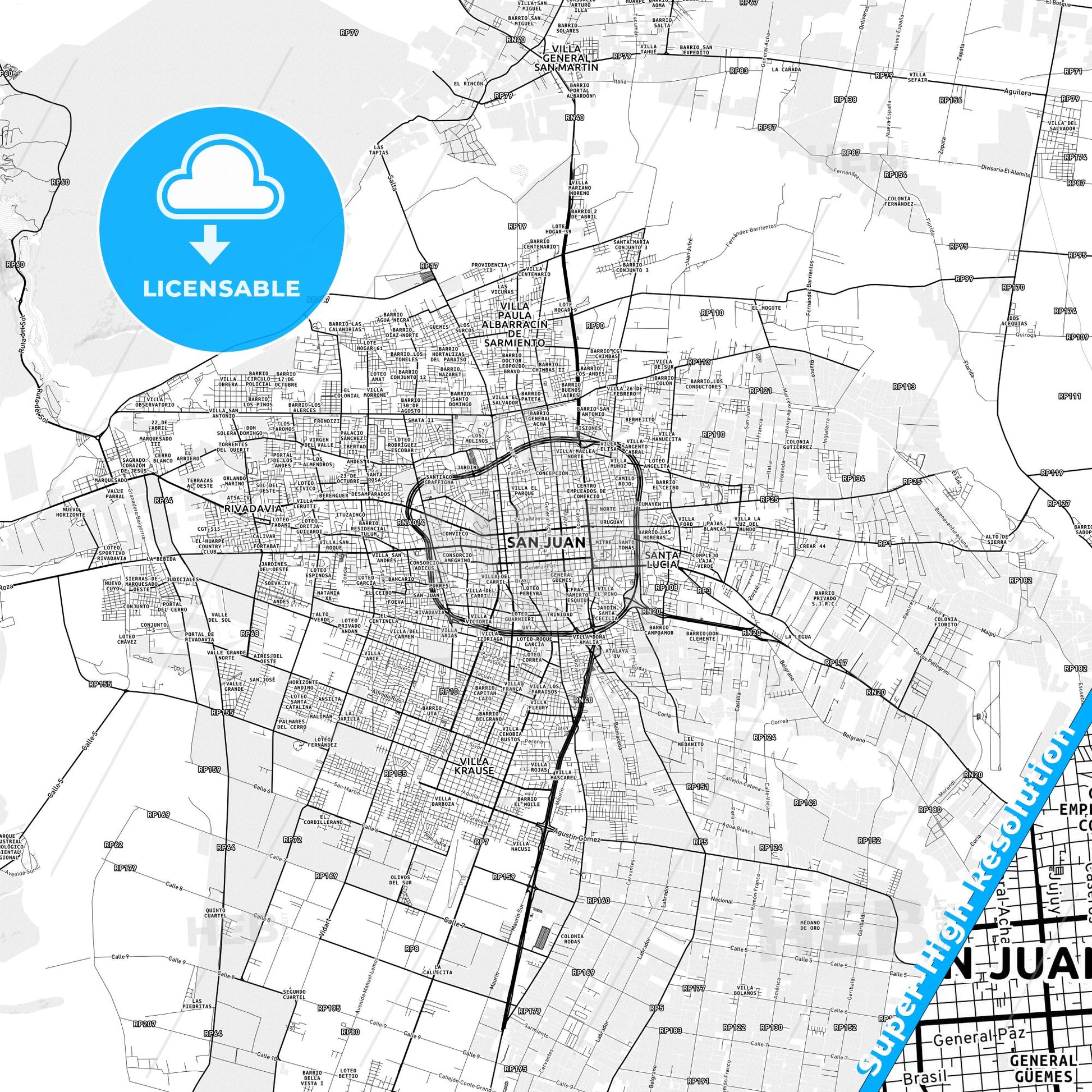 San Juan, Argentina light map with streetnames, citynames and districts