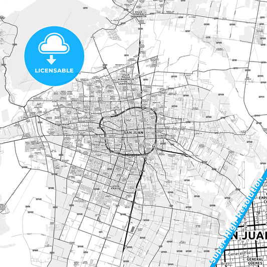 San Juan, Argentina light map with streetnames, citynames and districts
