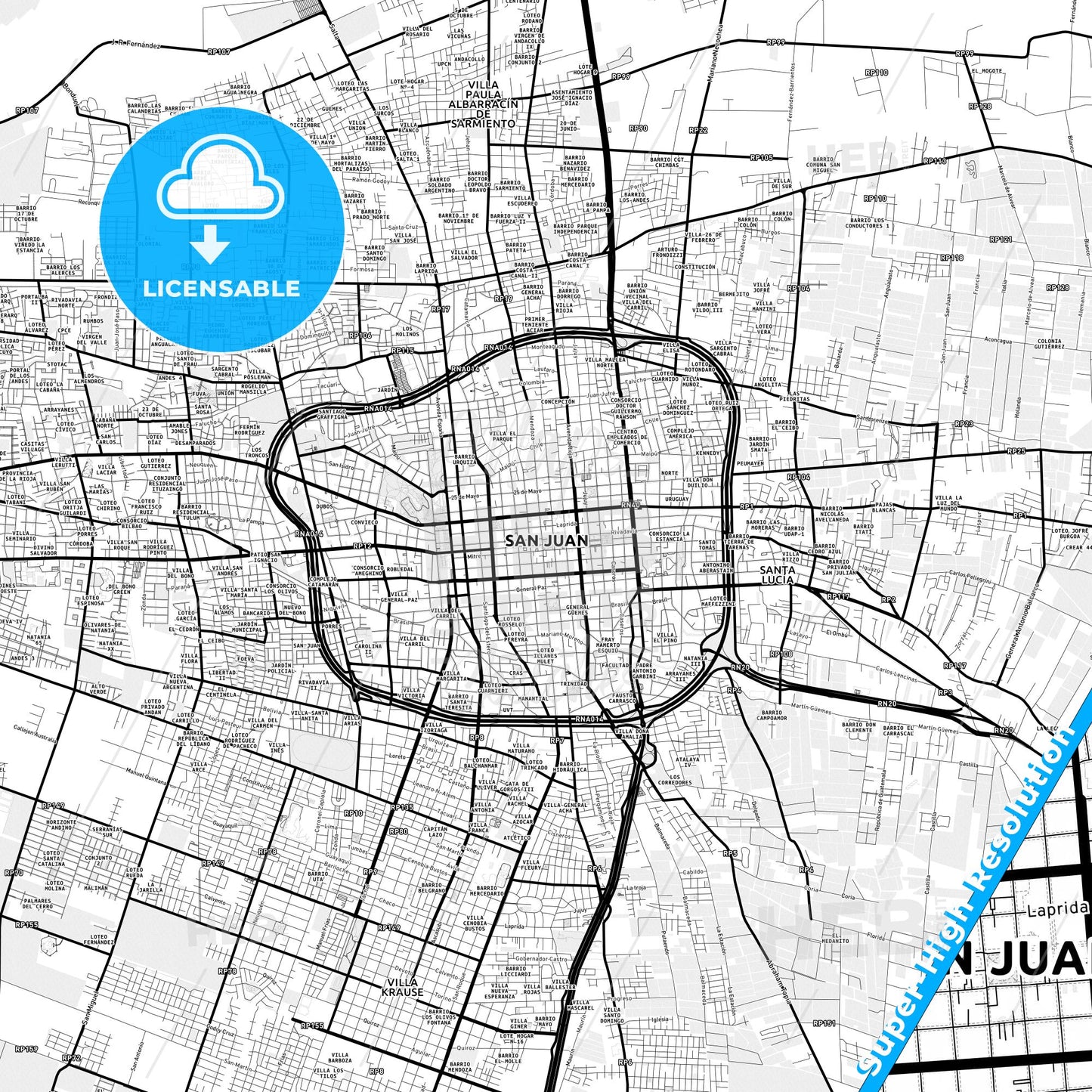 San Juan, Argentina Light Map with Street Names, City Names, and Districts