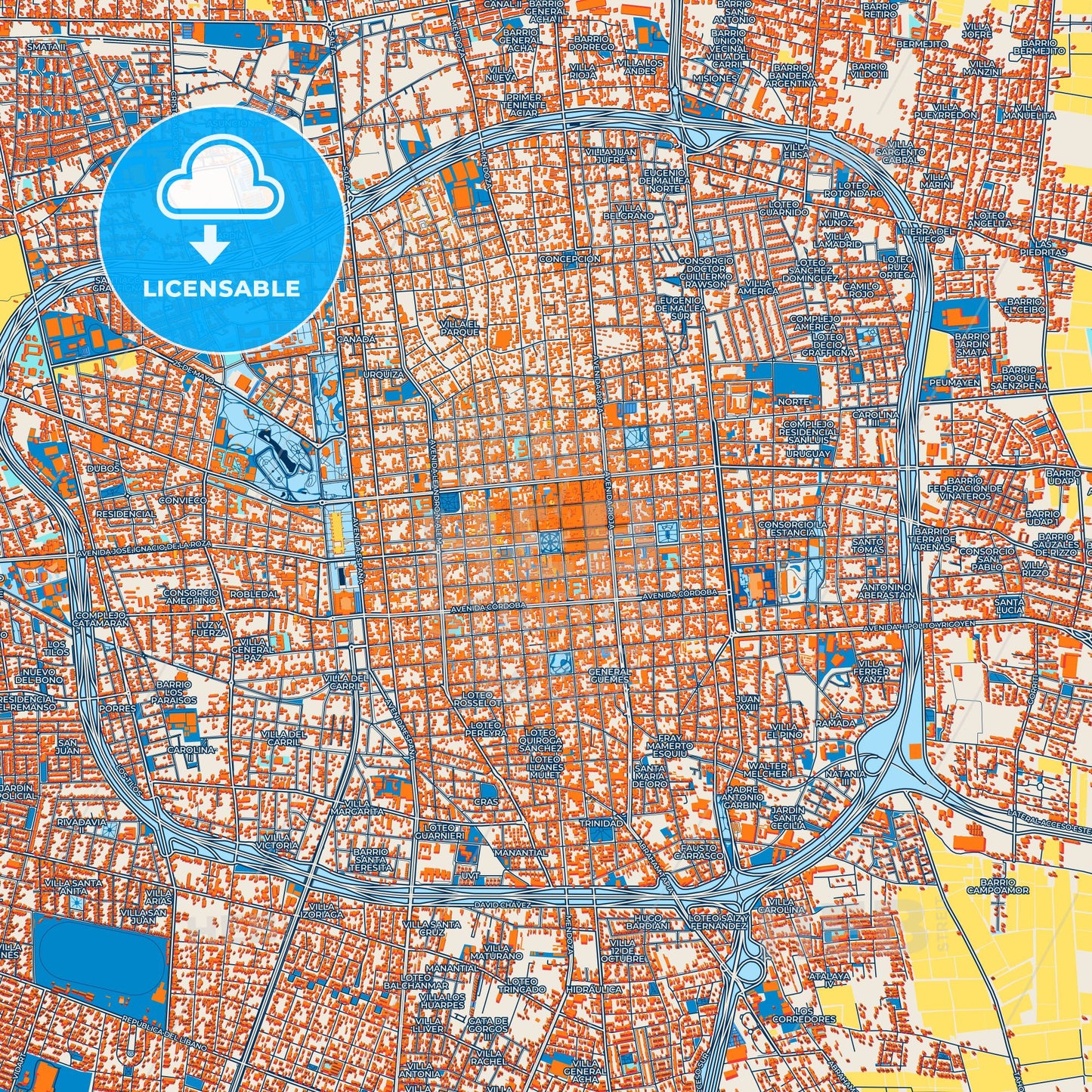 Colorful San Juan Street Map with Labels and Buildings