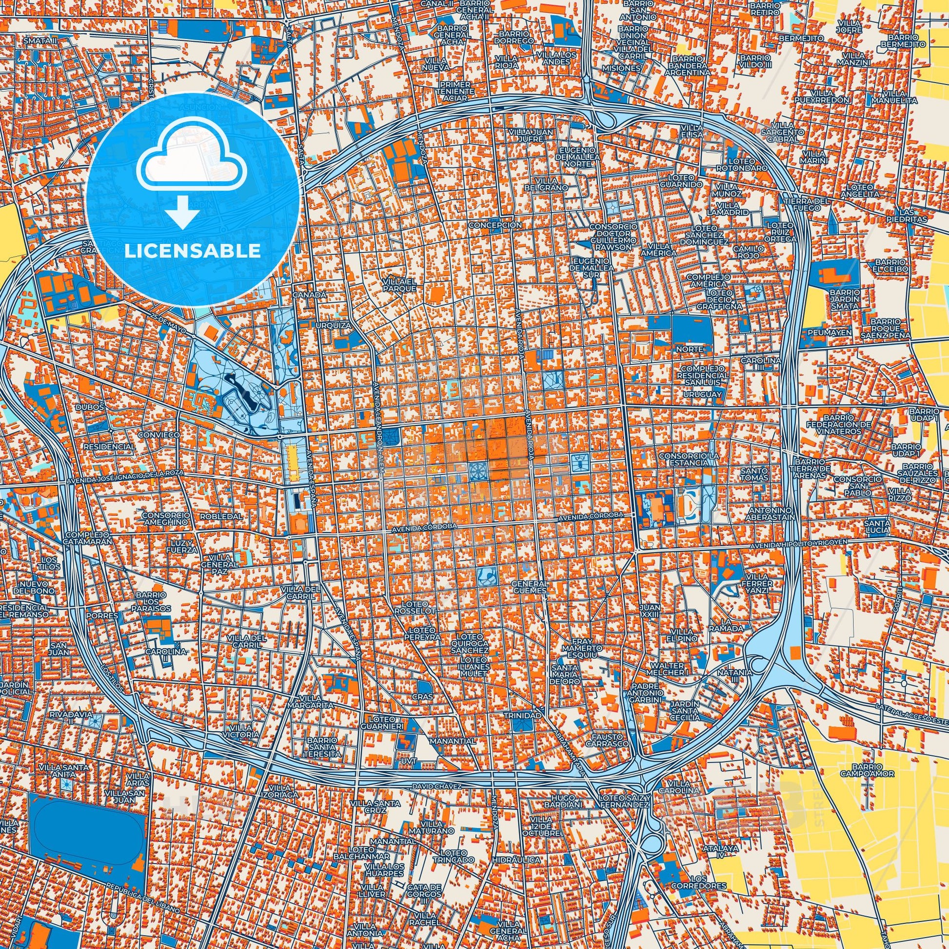 Colorful San Juan Street Map with Labels and Buildings