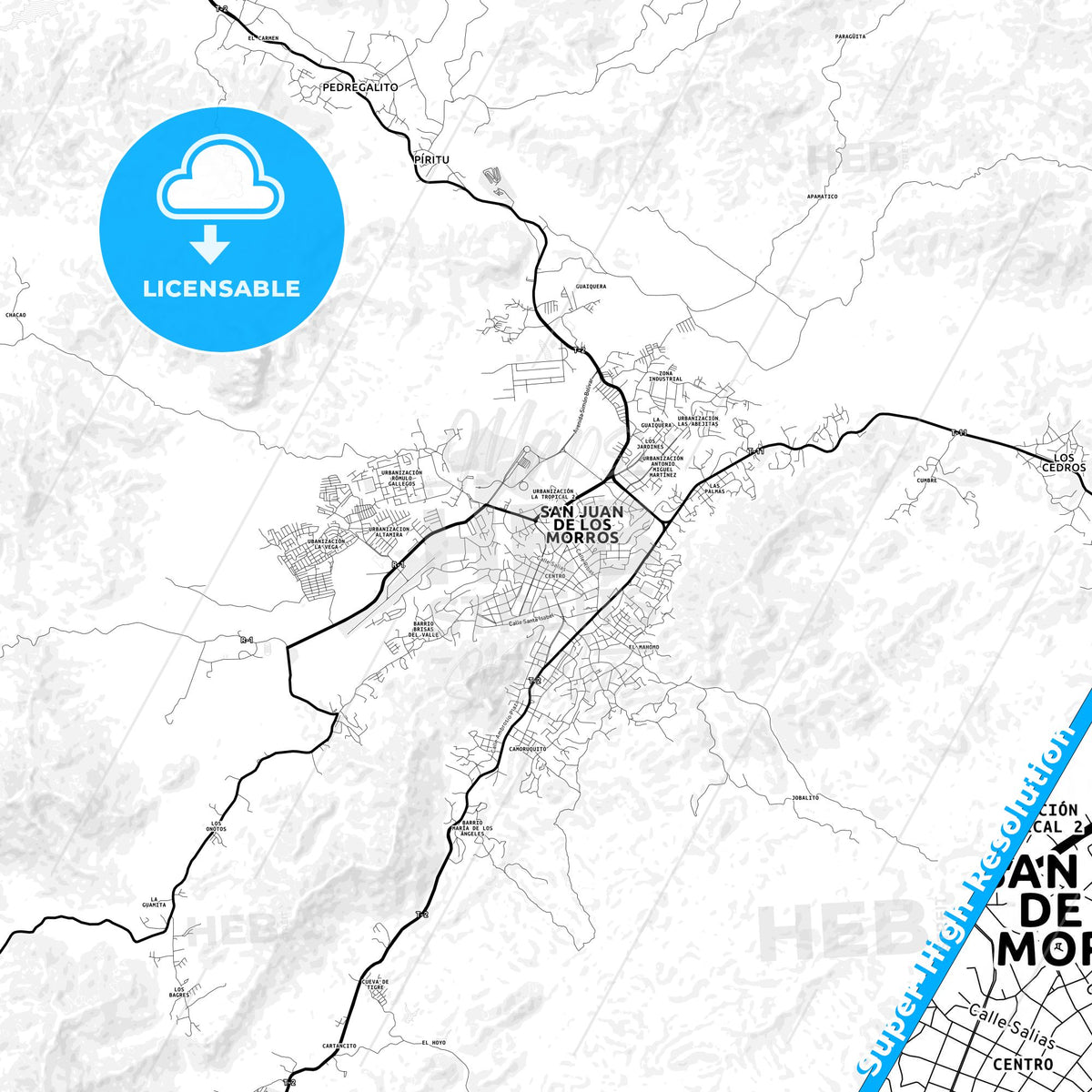 San Juan de los Morros, Venezuela Light Map with Street Names, City Names, and Districts