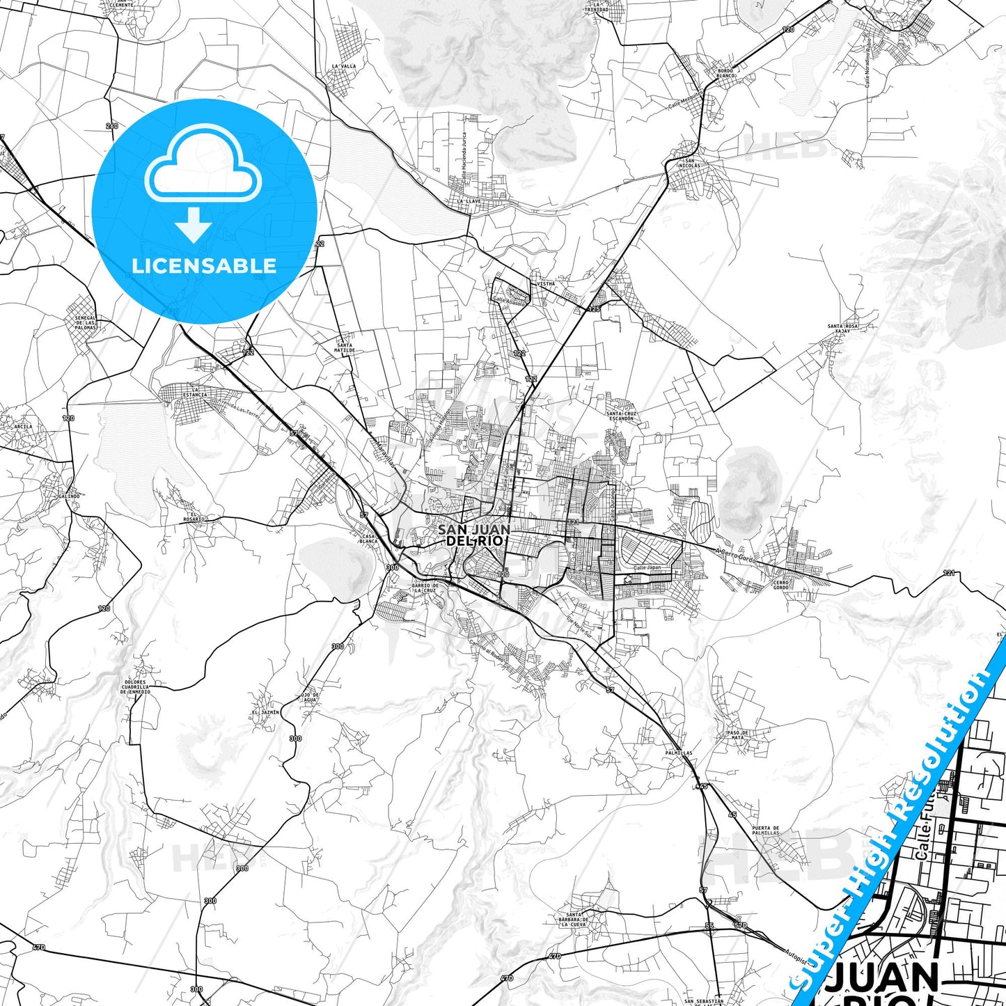 San Juan del Río, Mexico light map with streetnames, citynames and districts