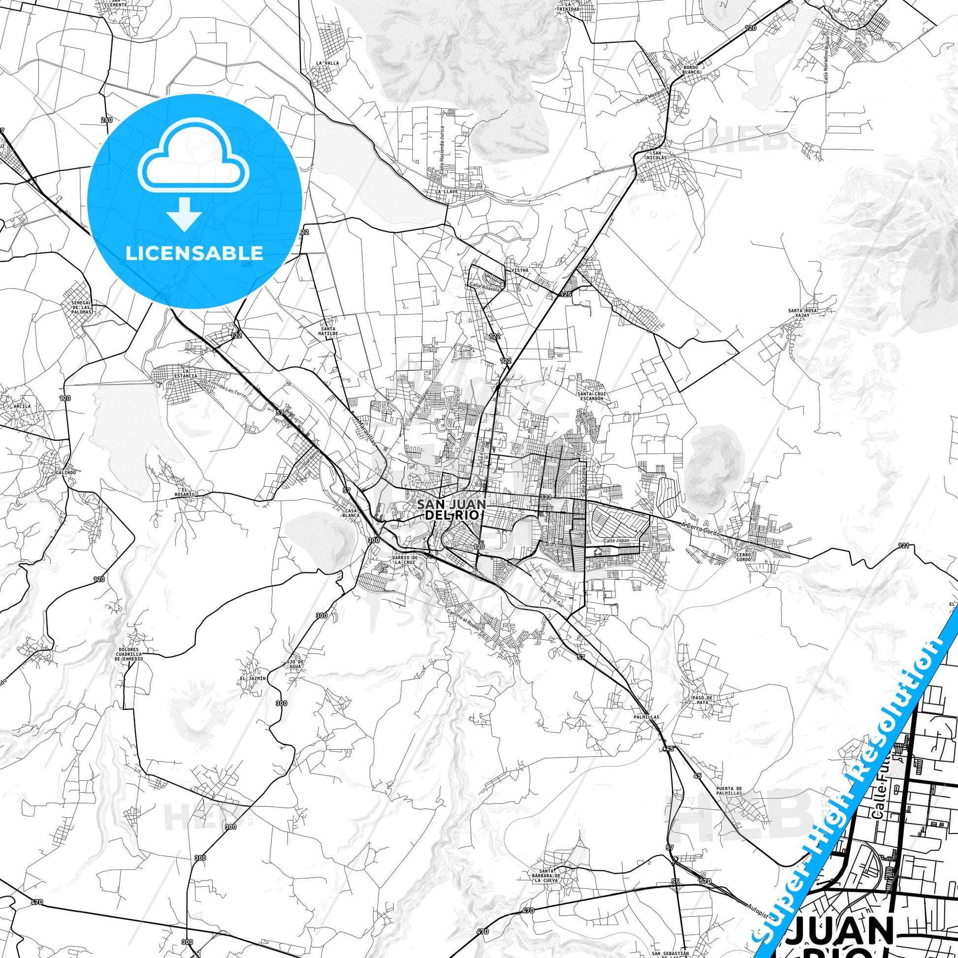 San Juan del Río, Mexico light map with streetnames, citynames and districts