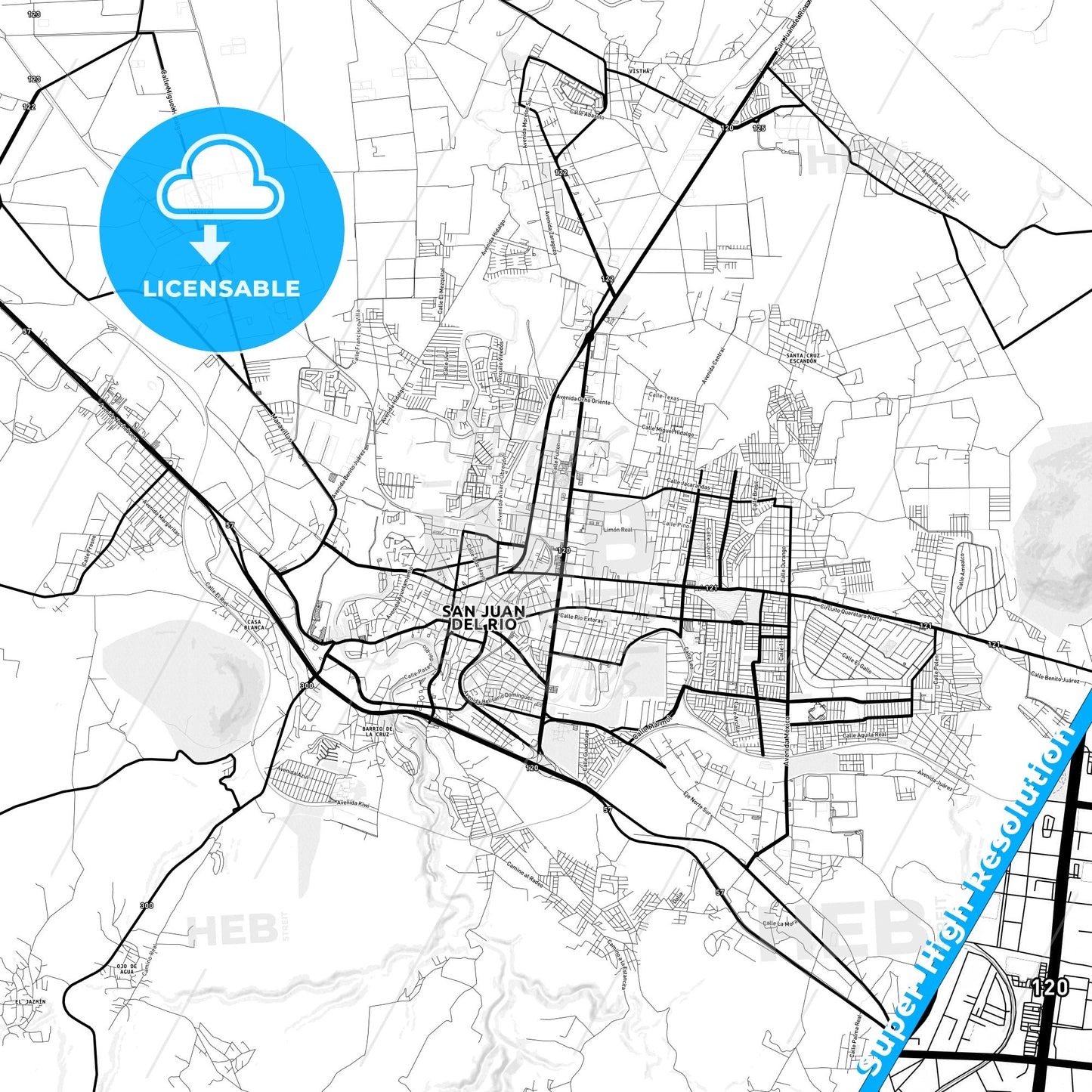 San Juan del Río, Mexico Light Map with Street Names, City Names, and Districts
