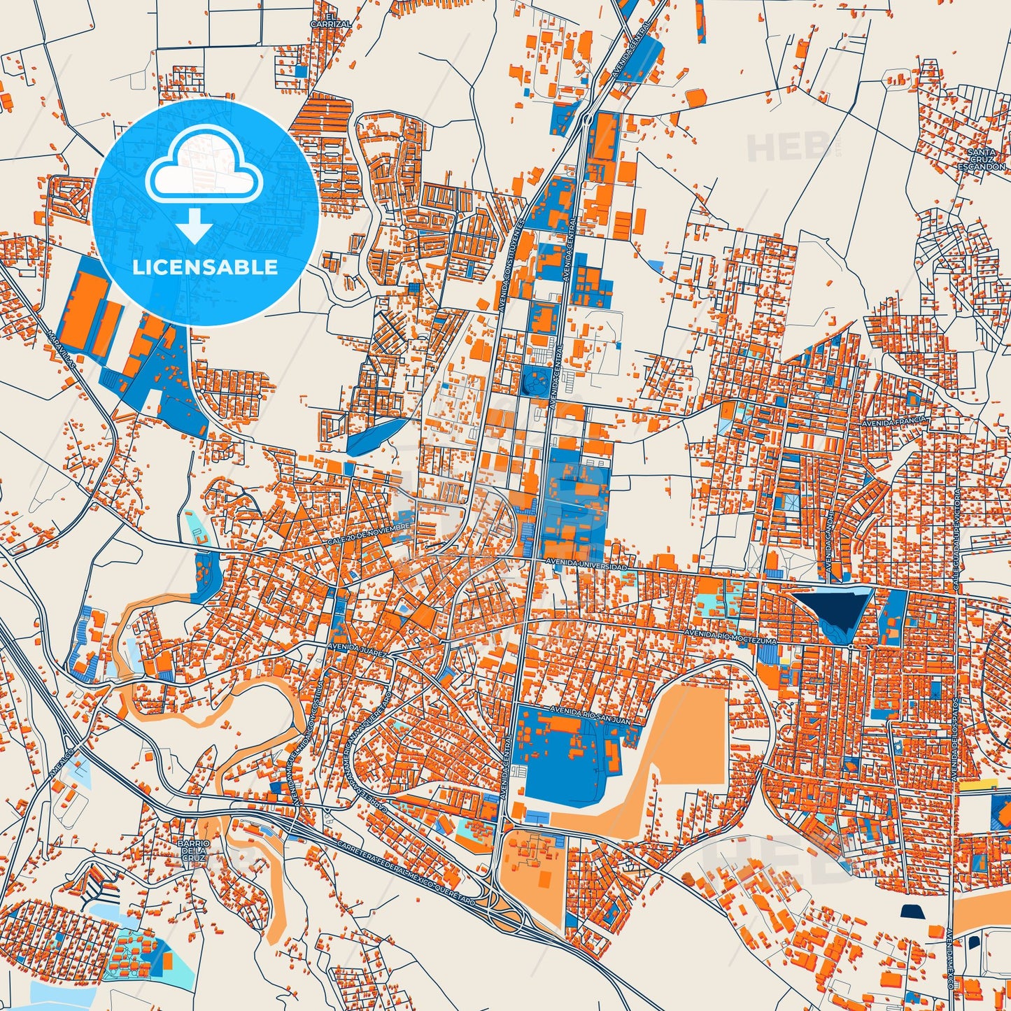 Colorful San Juan del Río Street Map with Labels and Buildings