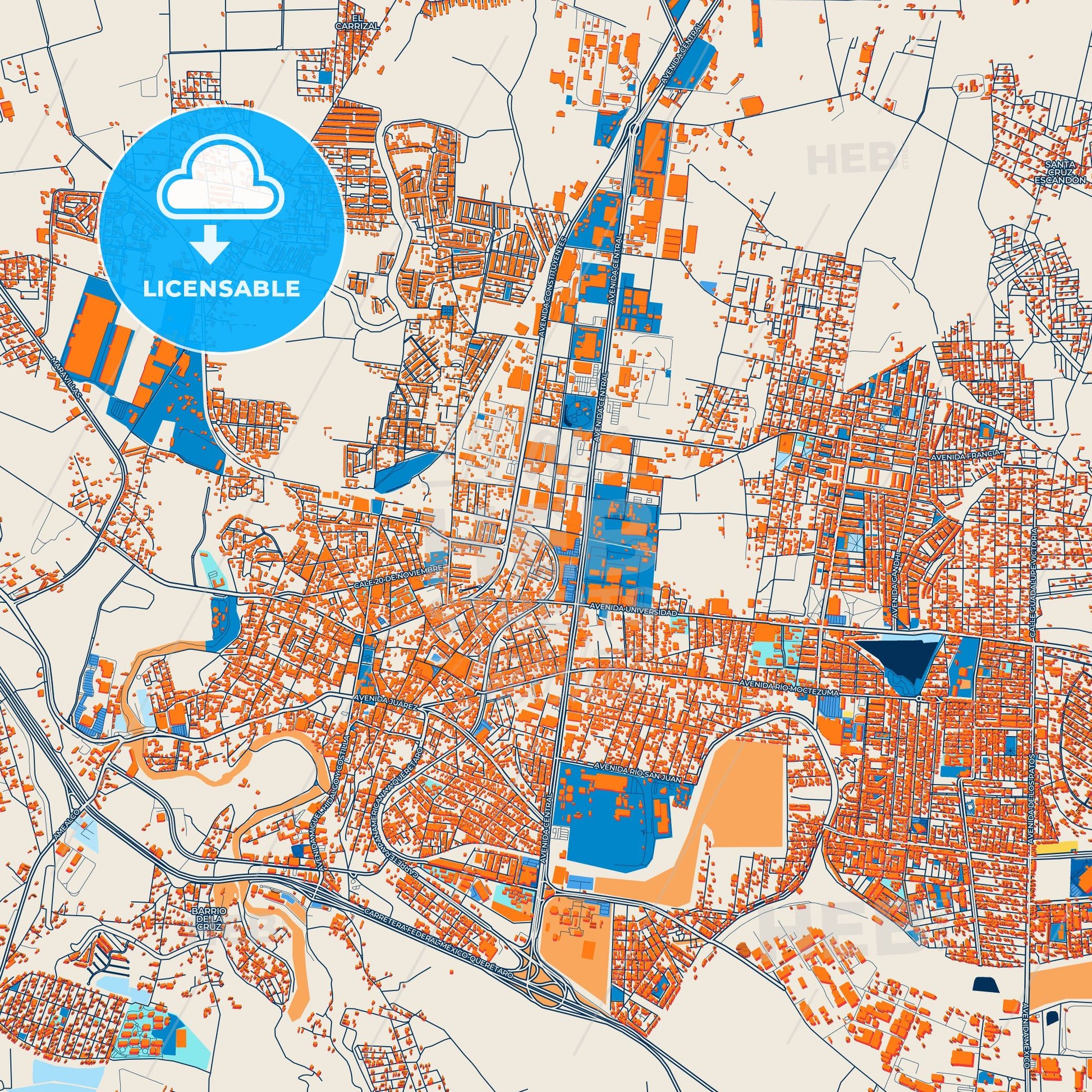 Colorful San Juan del Río Street Map with Labels and Buildings