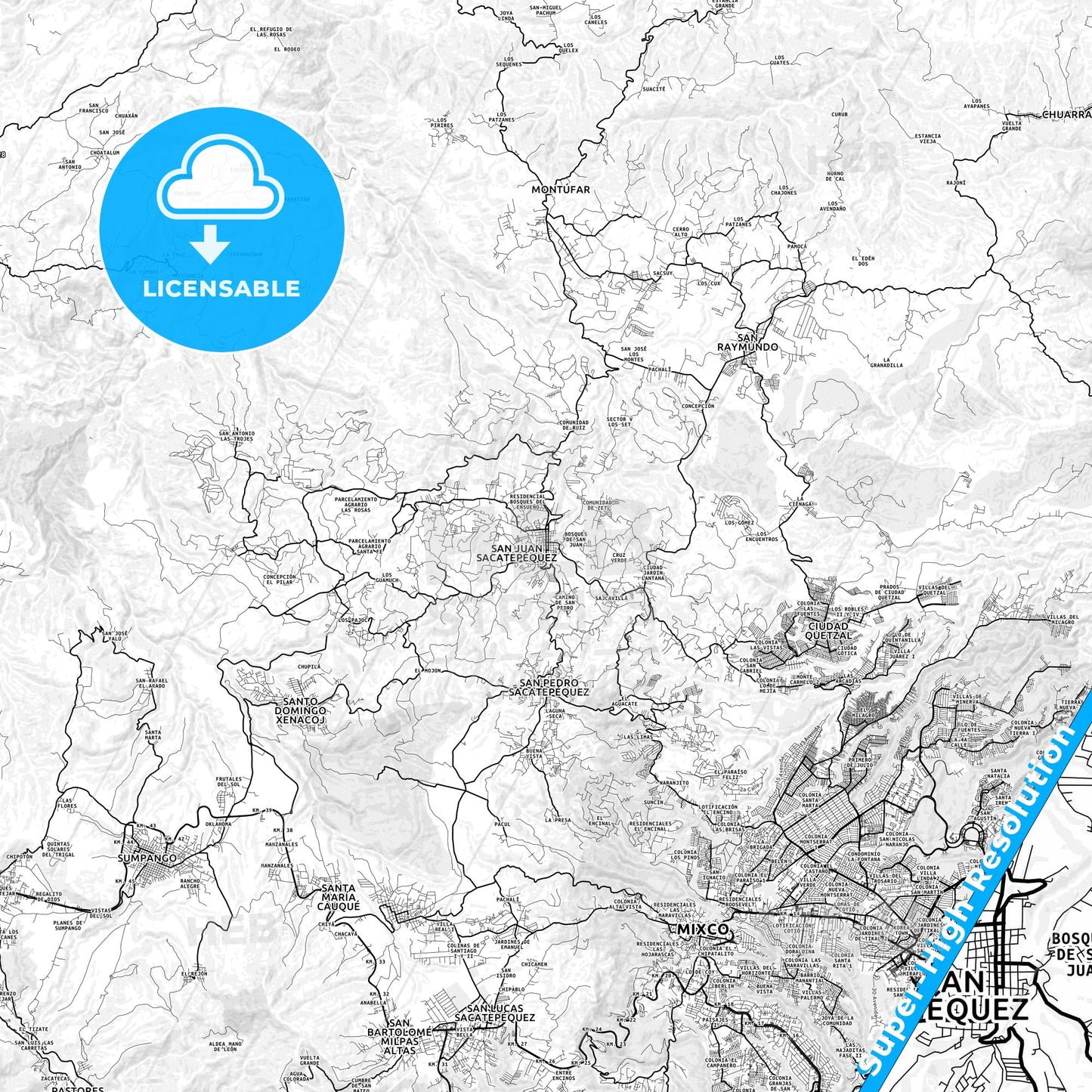 San Juan Sacatepéquez, Guatemala light map with streetnames, citynames and districts
