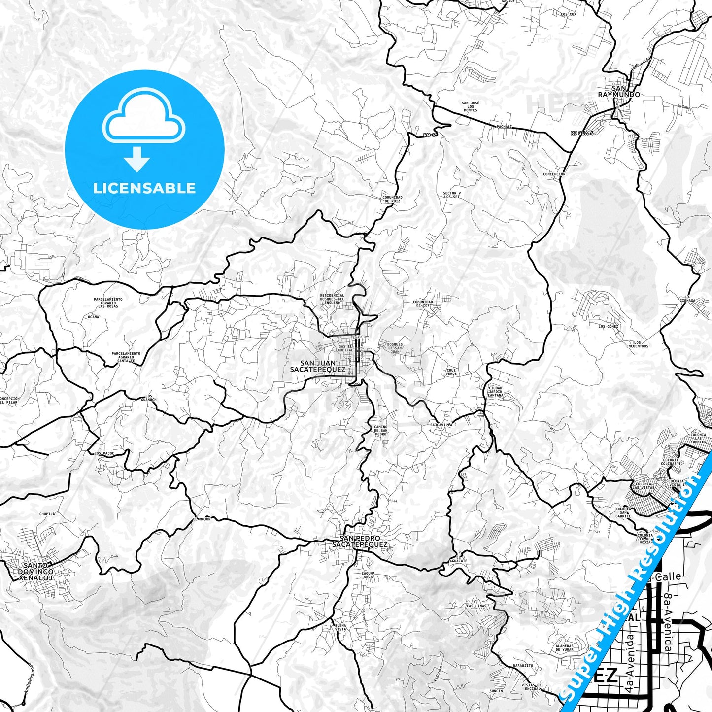 San Juan Sacatepéquez, Guatemala Light Map with Street Names, City Names, and Districts
