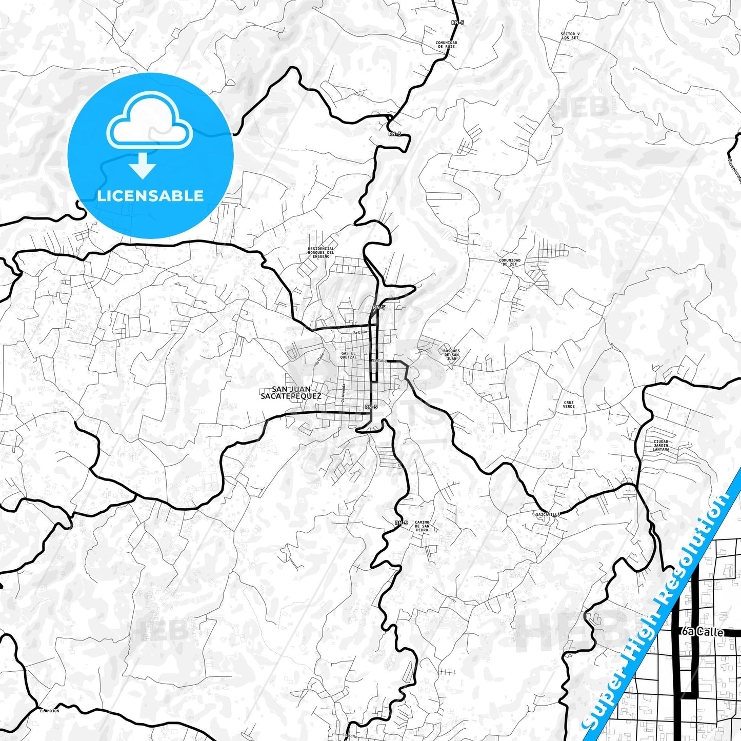 San Juan Sacatepéquez, Guatemala Light Map with Street Names, City Names, and Districts