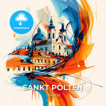 Vibrant Sankt Pölten, Austria - A Painting Of A Building With Blue Domes And Orange And White Paint - Square format print template
