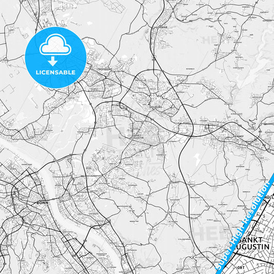 Sankt Augustin, Germany light map with streetnames, citynames and districts