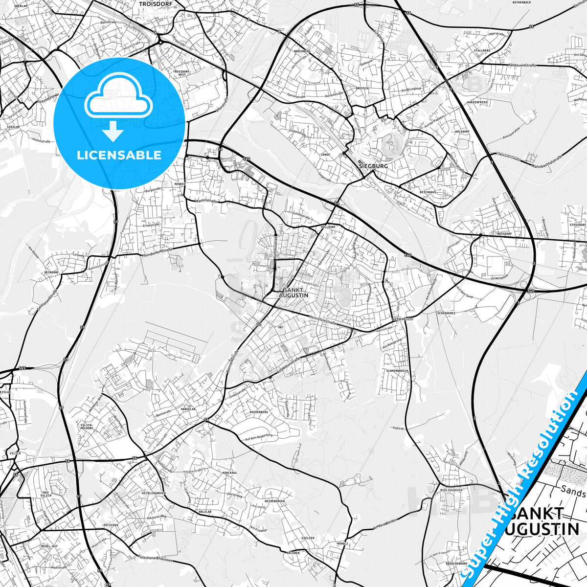 Sankt Augustin, Germany Light Map with Street Names, City Names, and Districts