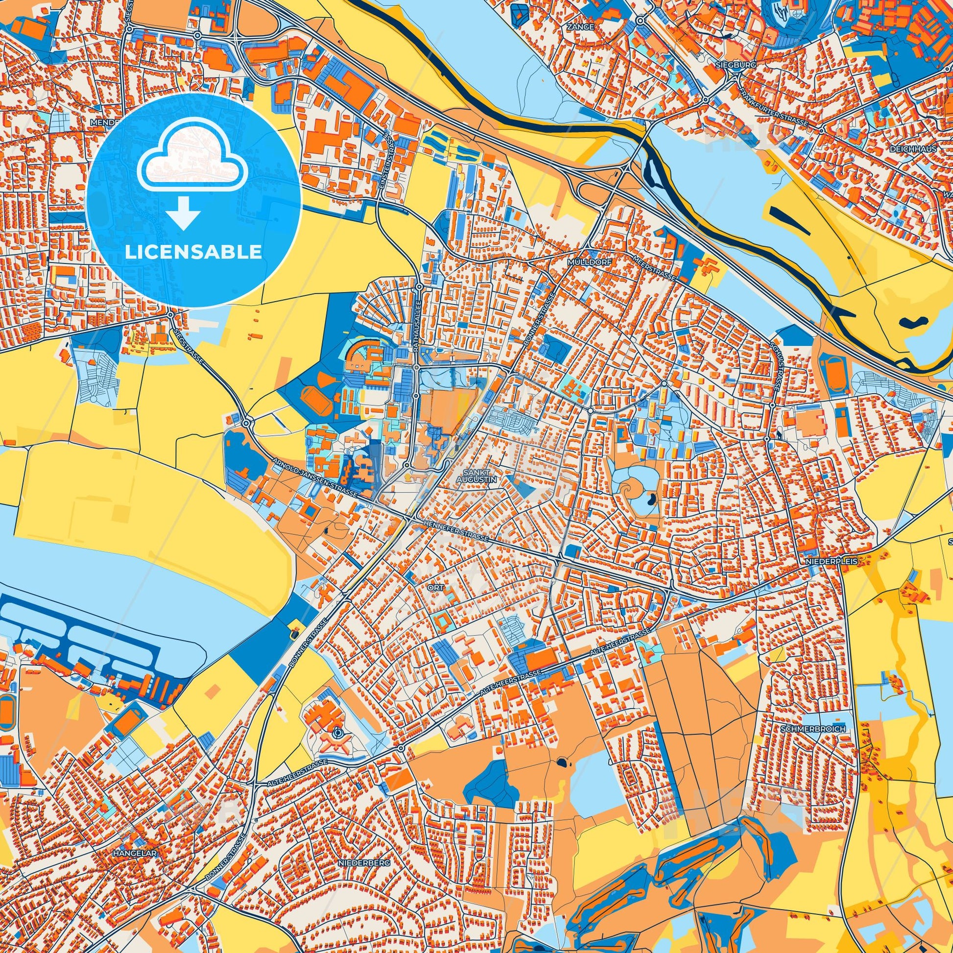 Colorful Sankt Augustin Street Map with Labels and Buildings