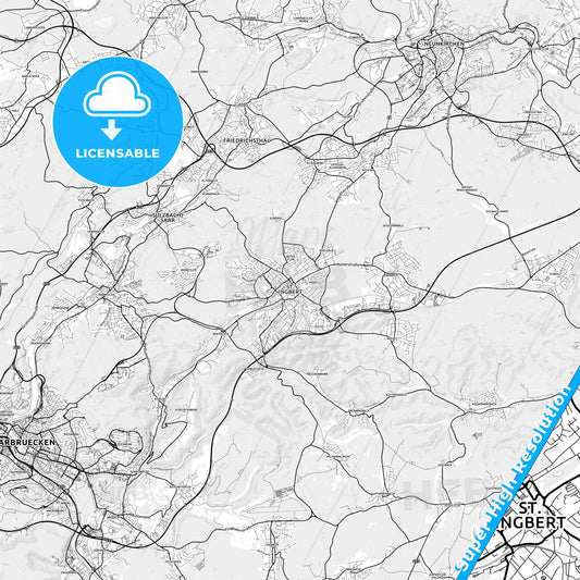 Sankt Ingbert, Germany light map with streetnames, citynames and districts