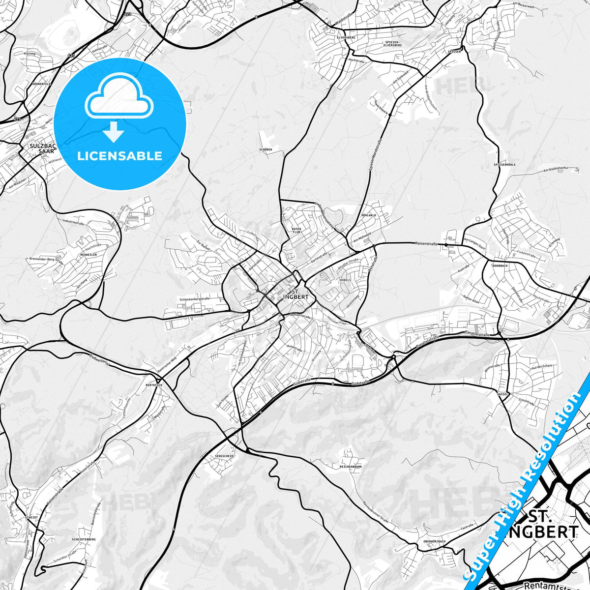 Sankt Ingbert, Germany Light Map with Street Names, City Names, and Districts