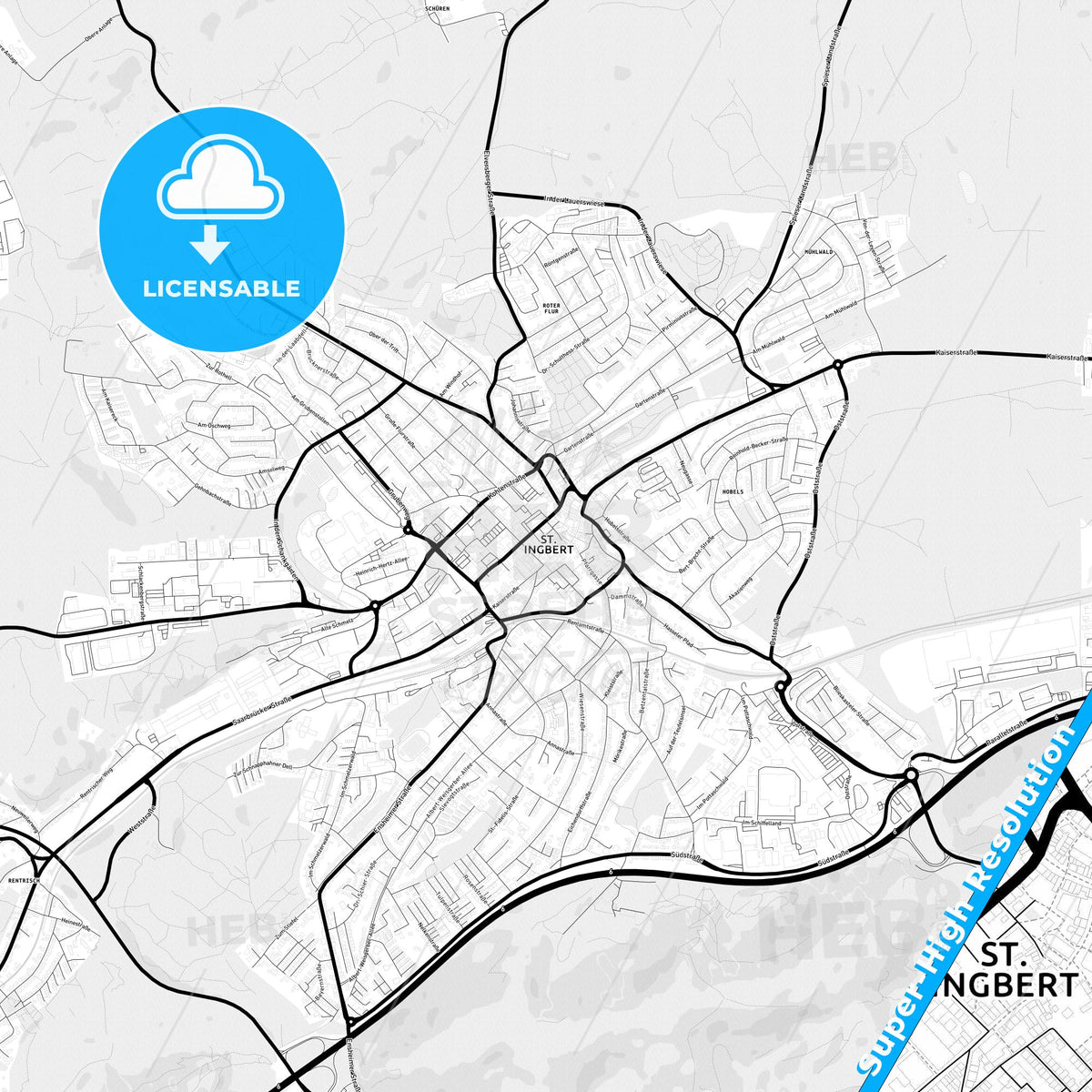 Sankt Ingbert, Germany Light Map with Street Names, City Names, and Districts