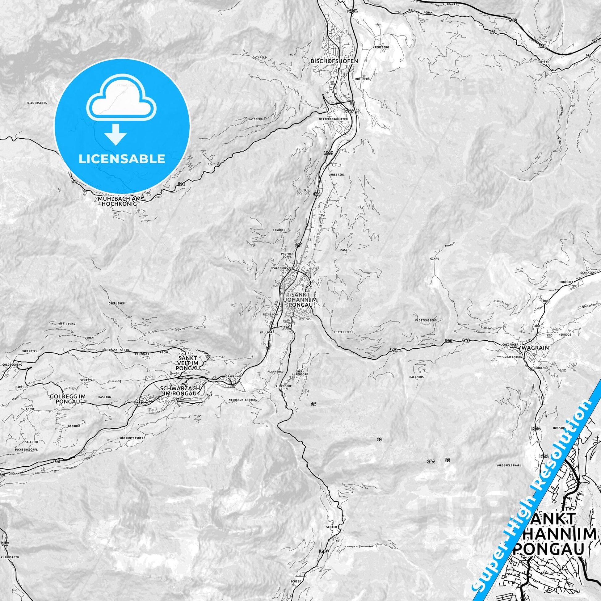 Sankt Johann im Pongau, Austria light map with streetnames, citynames and districts