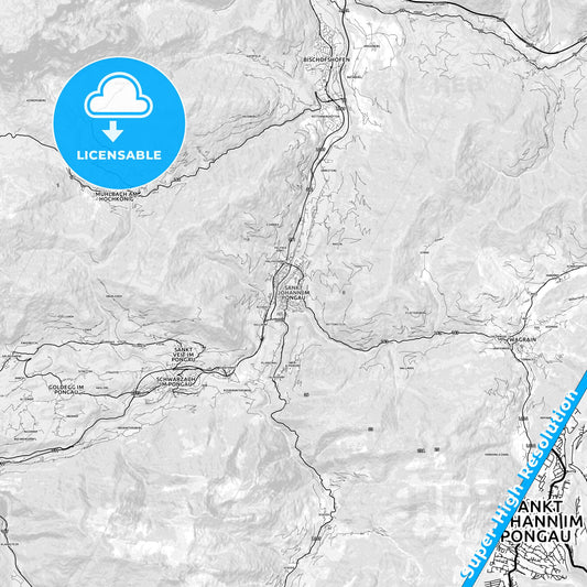 Sankt Johann im Pongau, Austria light map with streetnames, citynames and districts