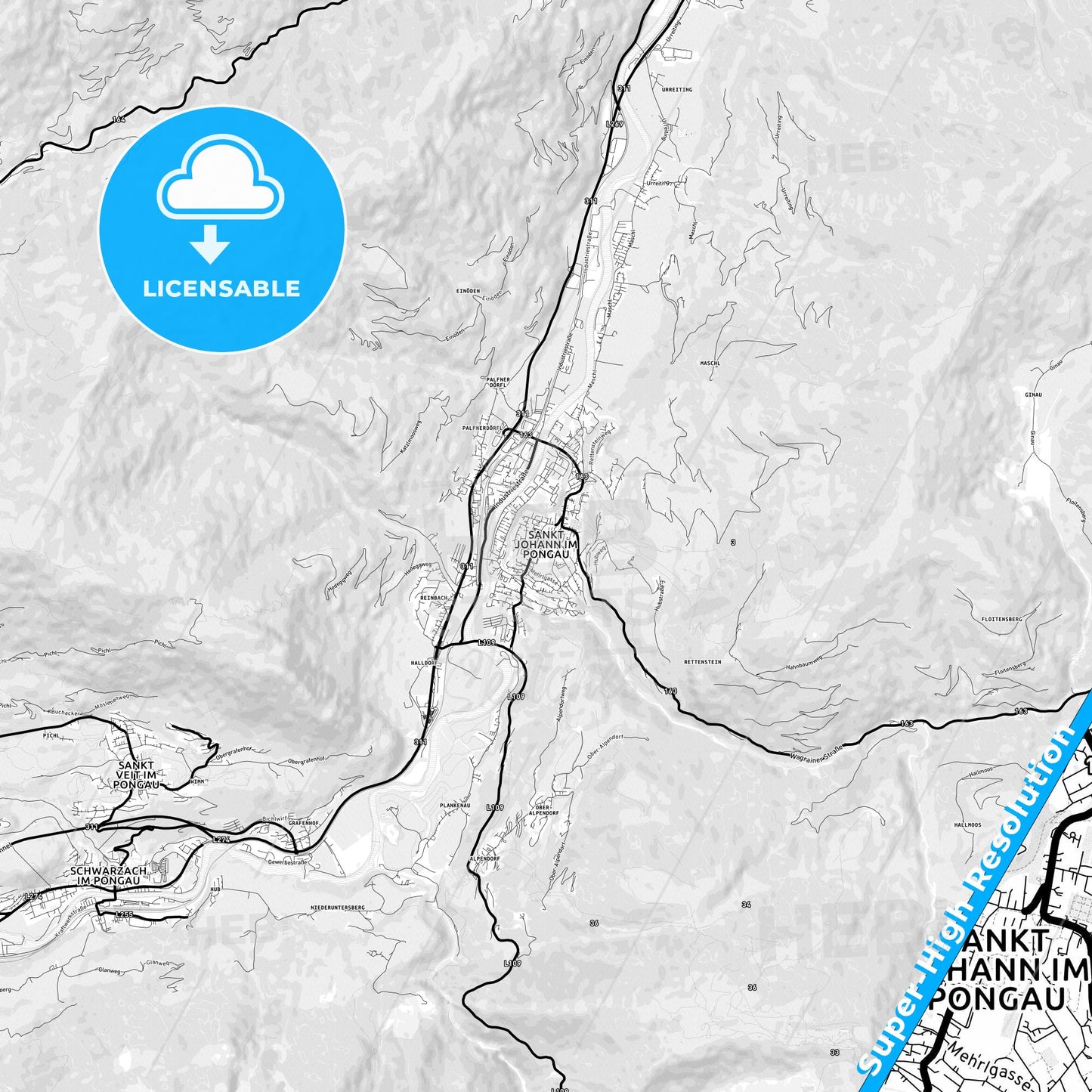 Sankt Johann im Pongau, Austria Light Map with Street Names, City Names, and Districts