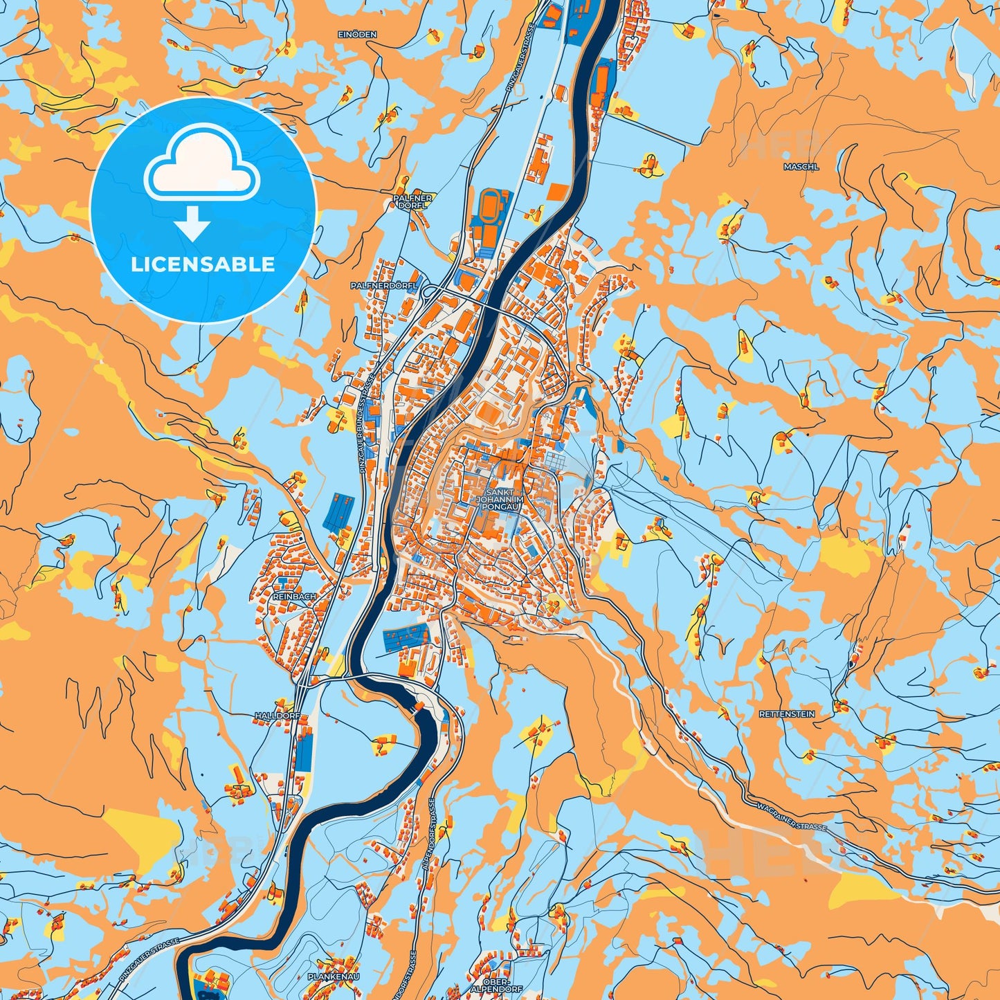 Colorful Sankt Johann im Pongau Street Map with Labels and Buildings