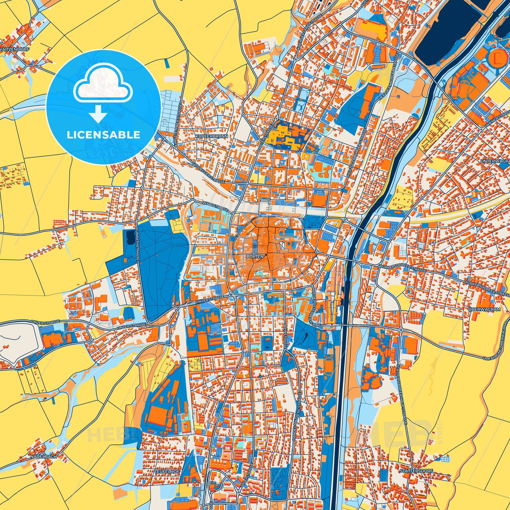 Colorful Sankt Pölten Street Map with Labels and Buildings