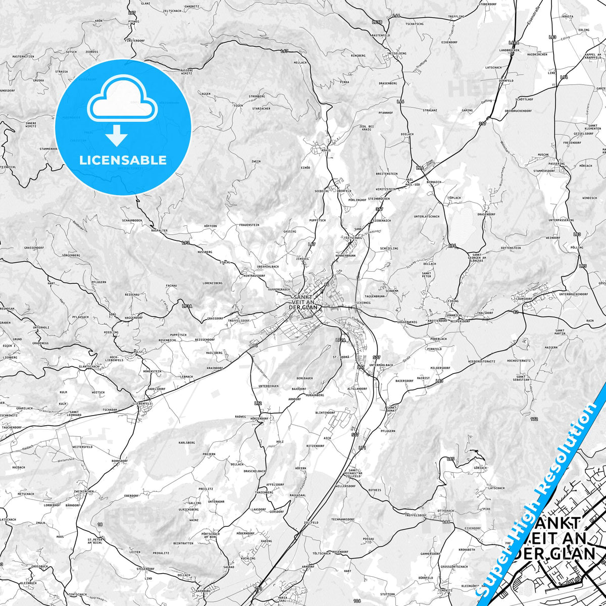 Sankt Veit an der Glan, Austria light map with streetnames, citynames and districts
