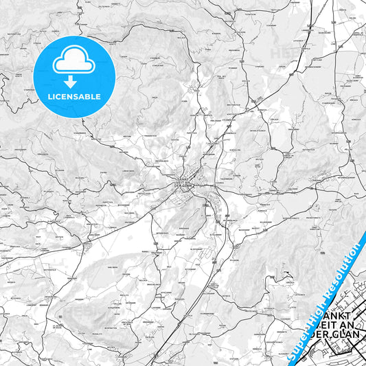 Sankt Veit an der Glan, Austria light map with streetnames, citynames and districts