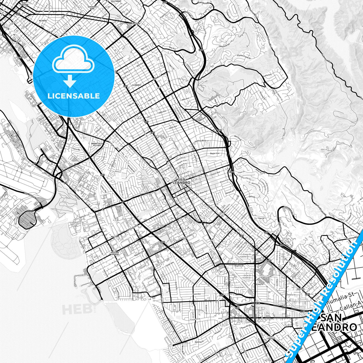 San Leandro, California Light Map with Street Names, City Names, and Districts
